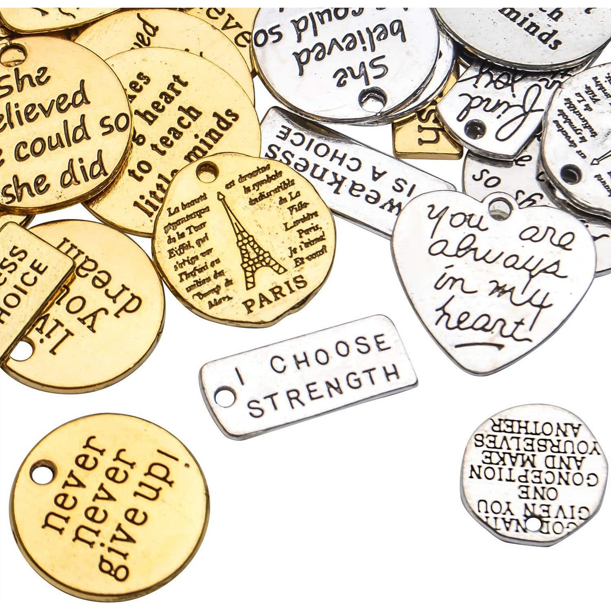 Words Pendant Charms, 46pcs Inspirational Words Charms Alloy Message Bead Pendants Accessory for DIY Necklace Bracelet Jewelry Making Crafting, Antique Golden and Silver
