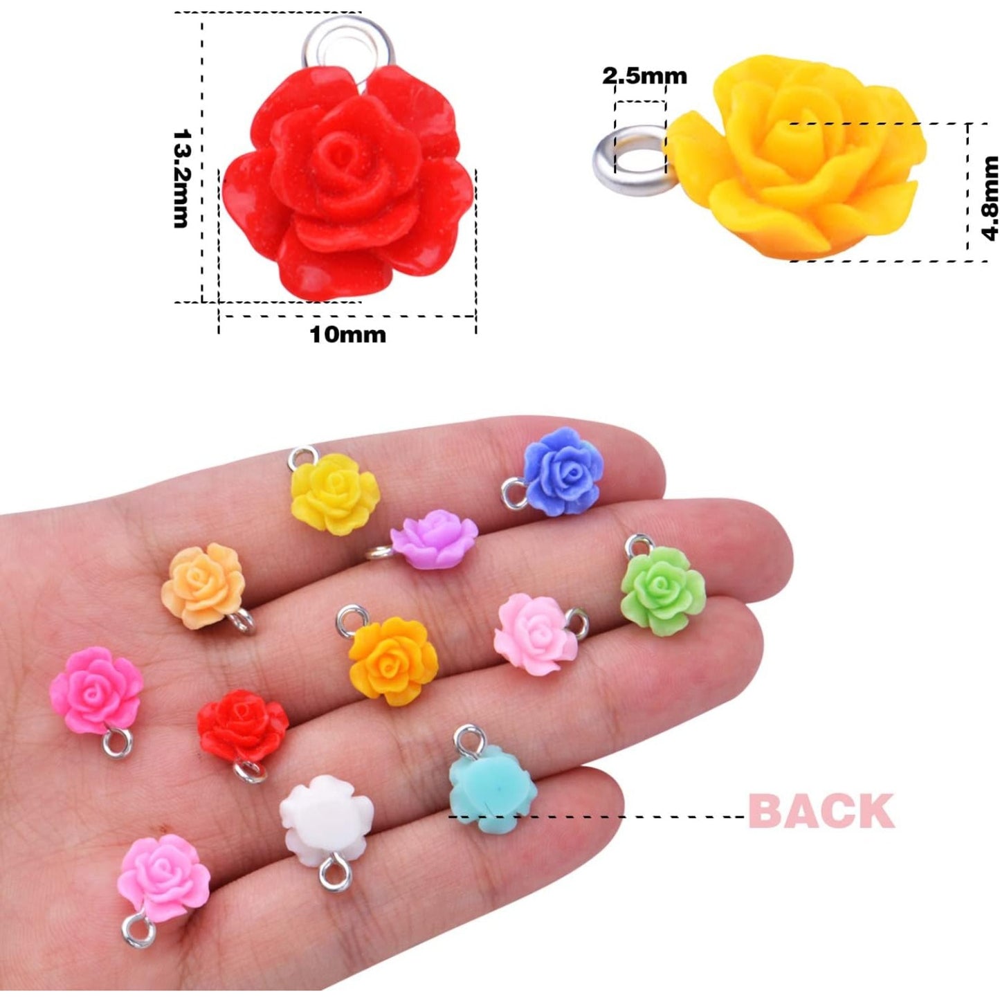 50pcs 10 mm Mixed Colors Resin Rose Flower Pendant Charms Lovely Flower Bead Charms Jewelry Making Accessories for DIY Craft Earrings Necklace Bracelet Birthday Party Favor Gifts