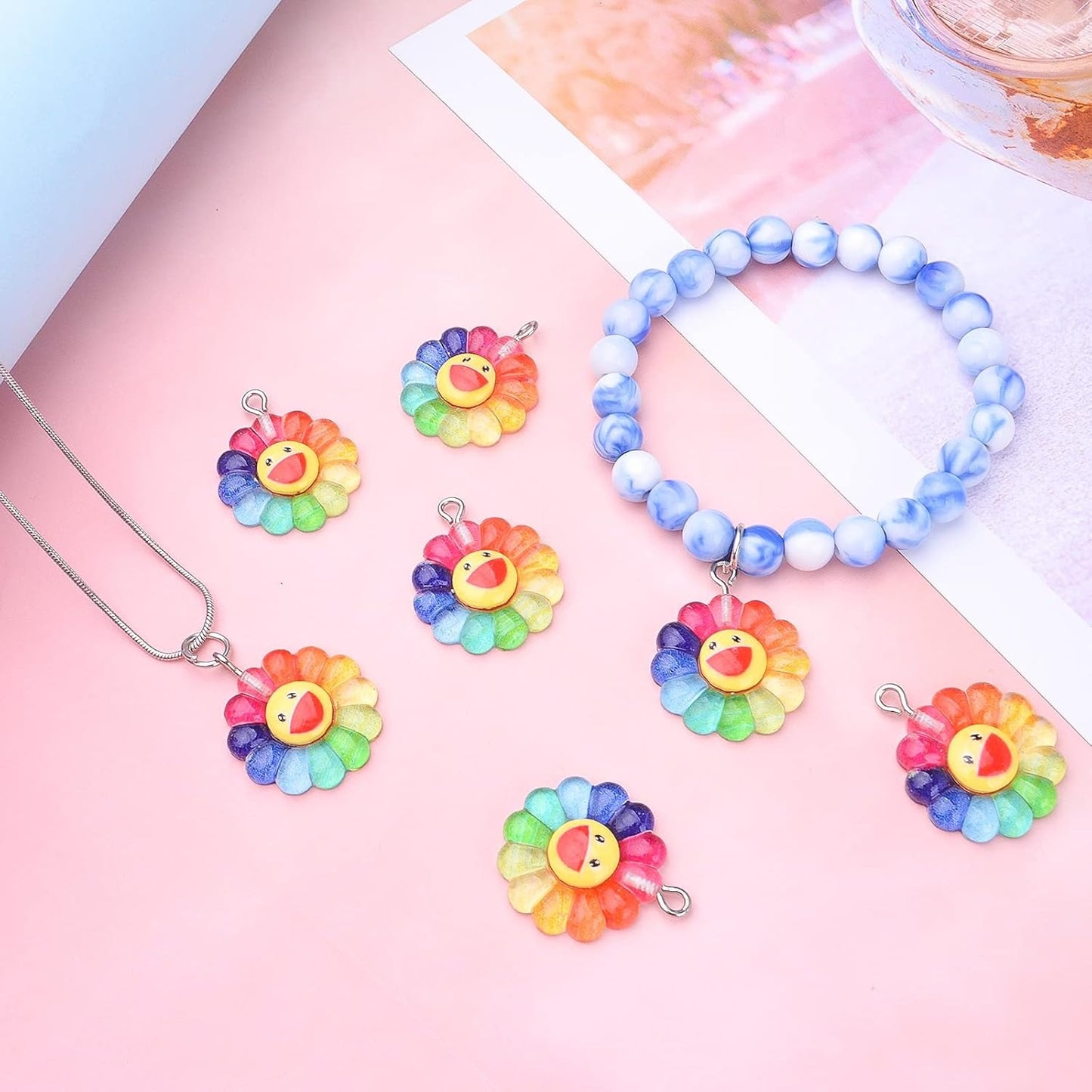 20pcs Smiley Face Sunflower Charms Pendants Resin Rainbow Flower Charms Jewelry Making Accessories for DIY Earrings Necklace Bracelet Keychains Craft Supplies, 28 mm x 22 mm