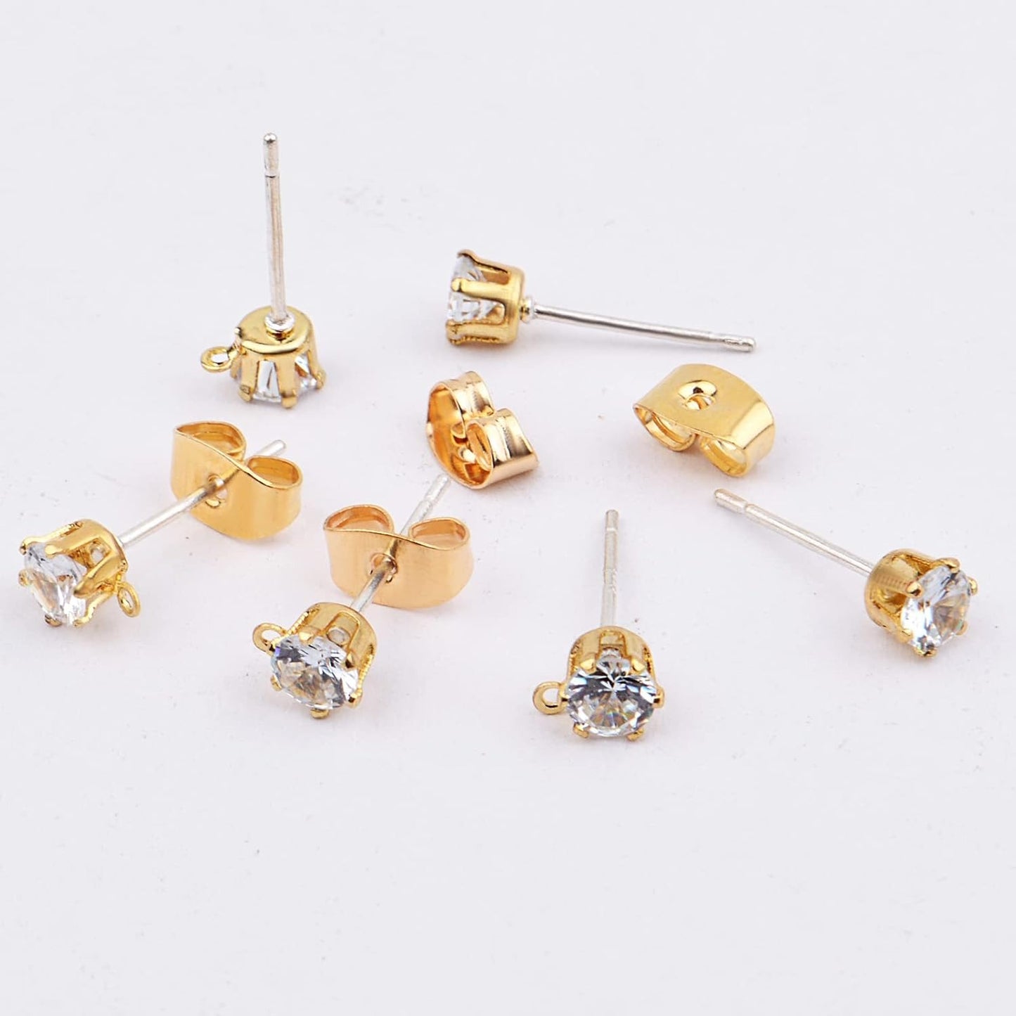 40pcs Rhinestone Earring Posts with Loop Hypoallergenic Cubic Zirconia Earring Studs and 40pcs Earring Safety Backs for DIY Jewelry Making Craft Decor, KC Golden