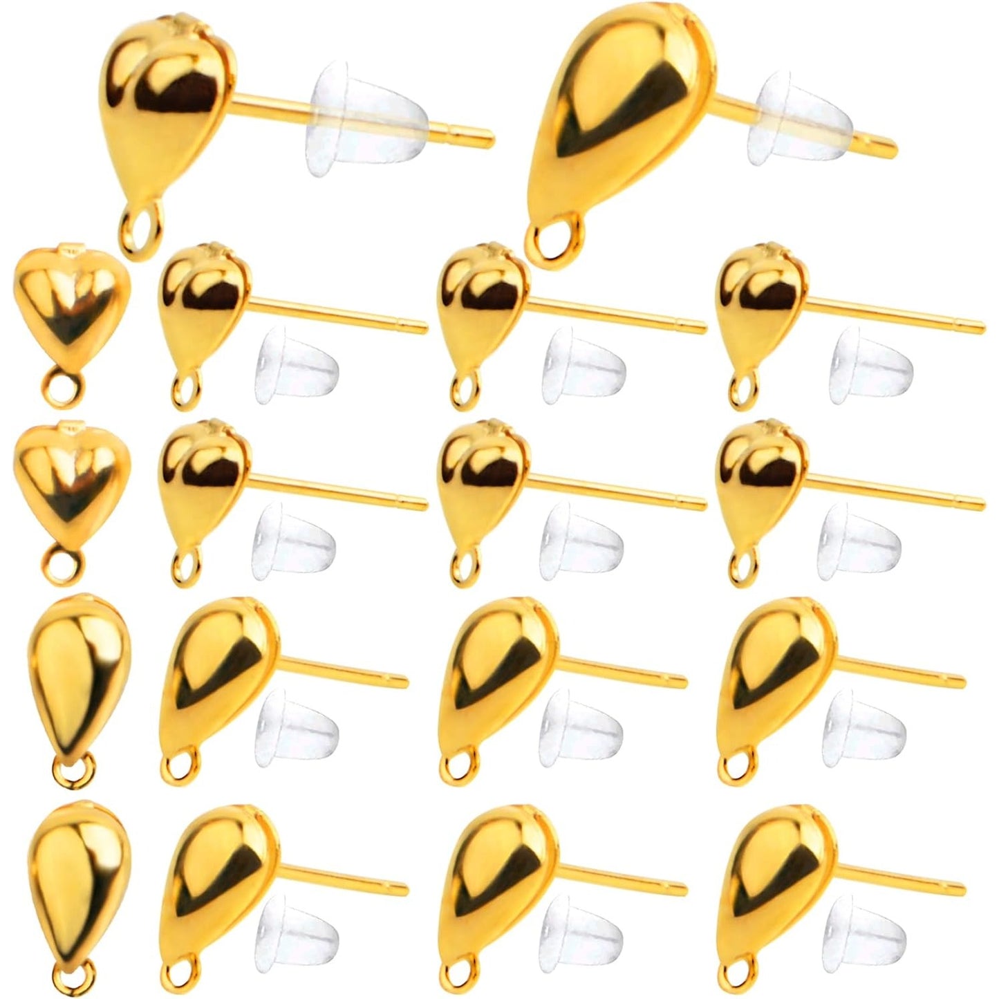 20pcs 18K Golden Plated Earring Studs Metal Earring Posts with Loop Hole Heart Drop Shaped Earring Findings and 20pcs Clear Earring Backs for DIY Jewelry Making Supplies