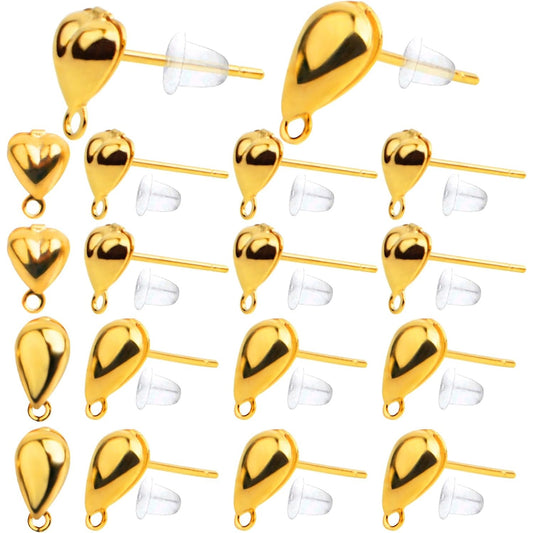20pcs 18K Golden Plated Earring Studs Metal Earring Posts with Loop Hole Heart Drop Shaped Earring Findings and 20pcs Clear Earring Backs for DIY Jewelry Making Supplies