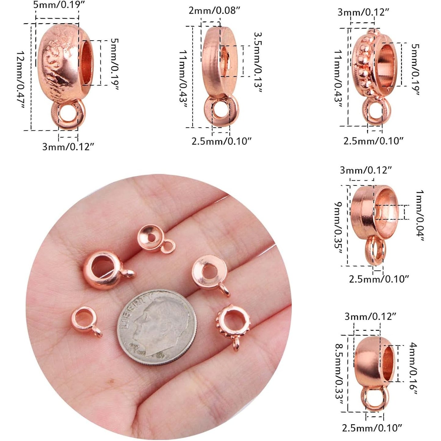 100 Gram Rose Golden Bail Tube Beads Alloy Bail Beads Connectors Tube Rondelle Spacer Bead Hanger Links for DIY European Bracelet Pendant Jewelry Making, 5 Styles