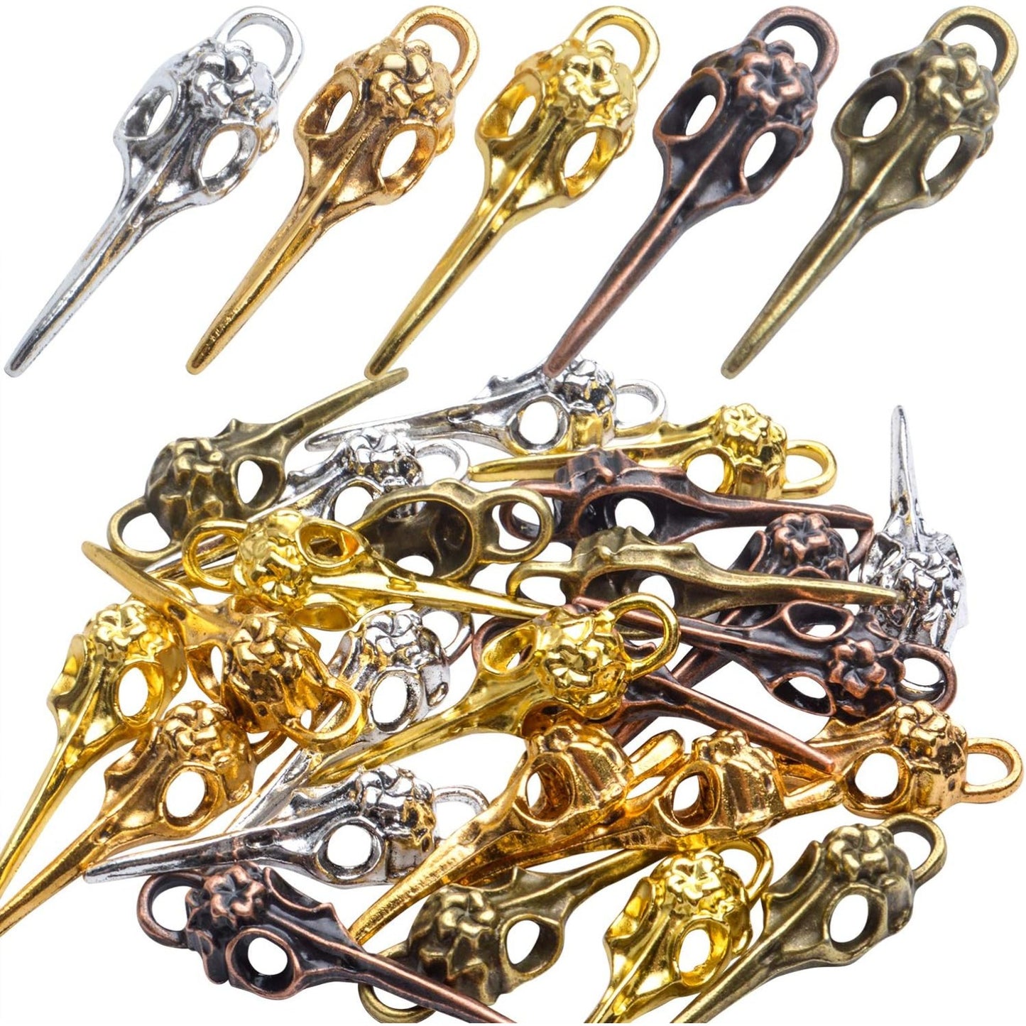 Bird Head Skull Charms, 25pcs Tibetan Style Bird Skull Head Charms Alloy Bird Head Skeleton Pendants for Necklace Bracelet Jewellery Findings Crafting, 5 Colors