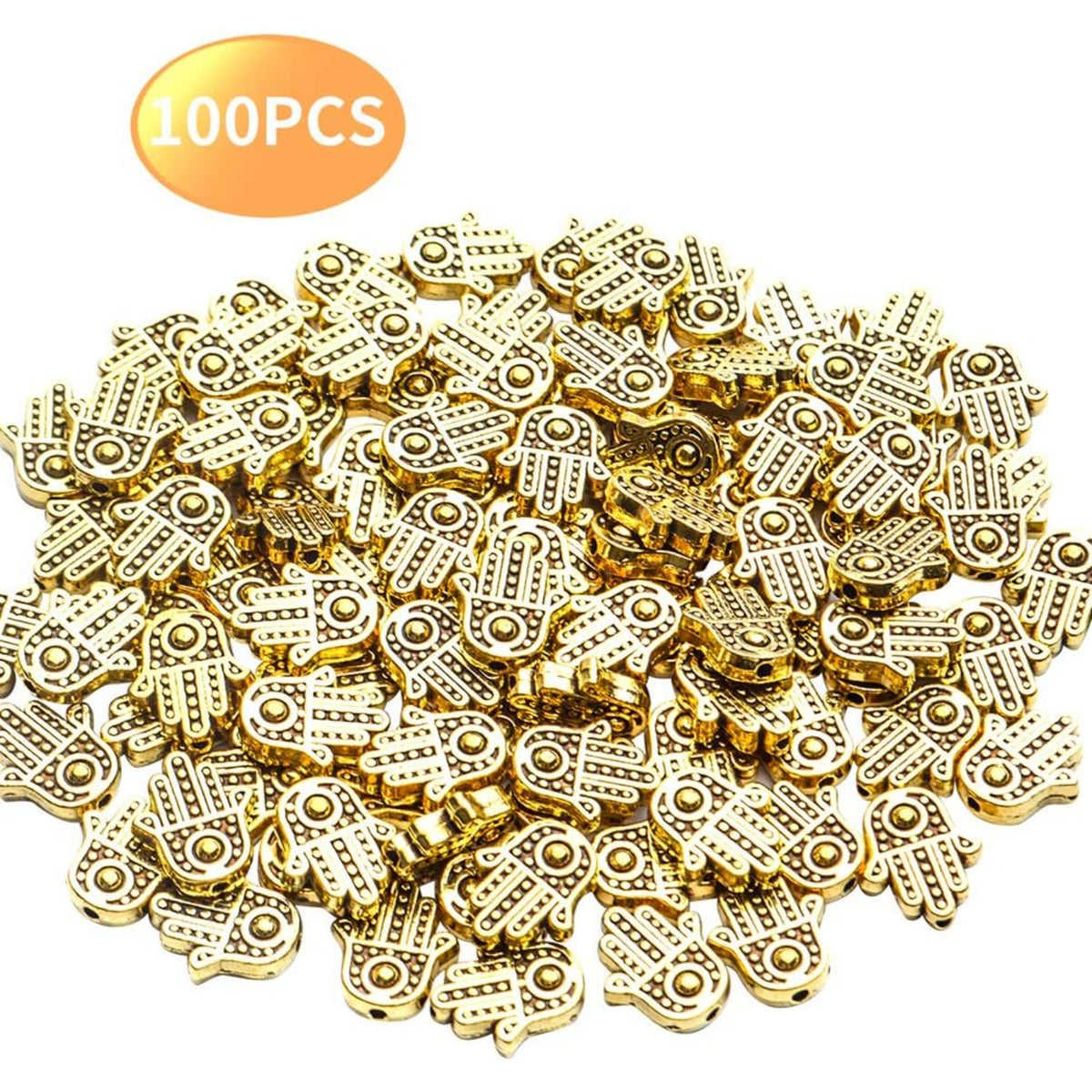 Hamsa Hand Beads, 100pcs Tibetan Alloy Fatima Hand Charms Bead Frames Spacers Craft Supplies for DIY Necklace Bracelet Jewelry Making, 12x10mm, Antique Golden