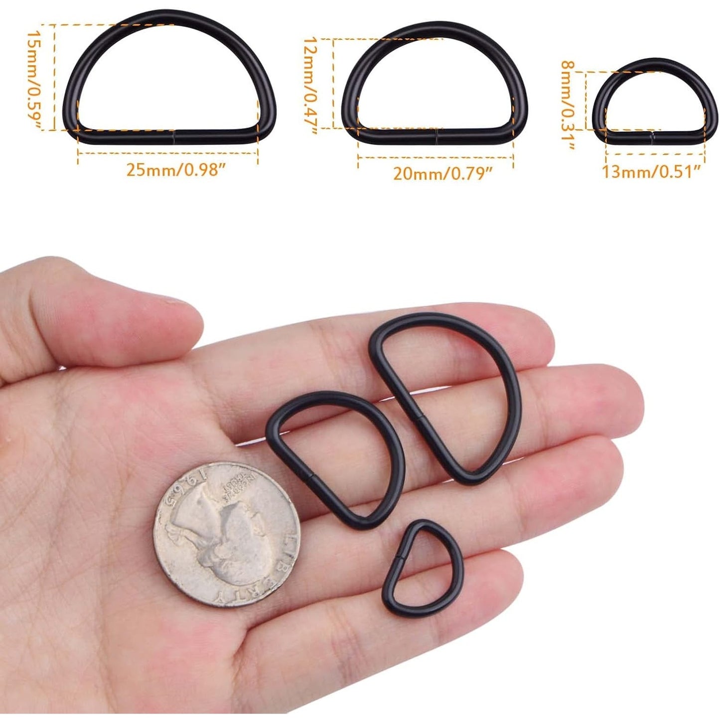 60pcs Black Semi-Circular D Rings Multipurpose Half Round D Rings Loop Buckle Hardware Accessories for DIY Luggage Handbag Purse Clothing Backpack Belt Sewing, 3 Sizes
