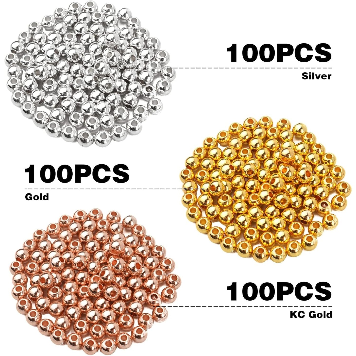 300pcs 4mm Smooth Round Spacer Beads Brass Ball Beads Tarnish Resistant Seamless Loose Connector Beads for DIY Bracelet Necklace Jewelry Making Findings, 3 Colors