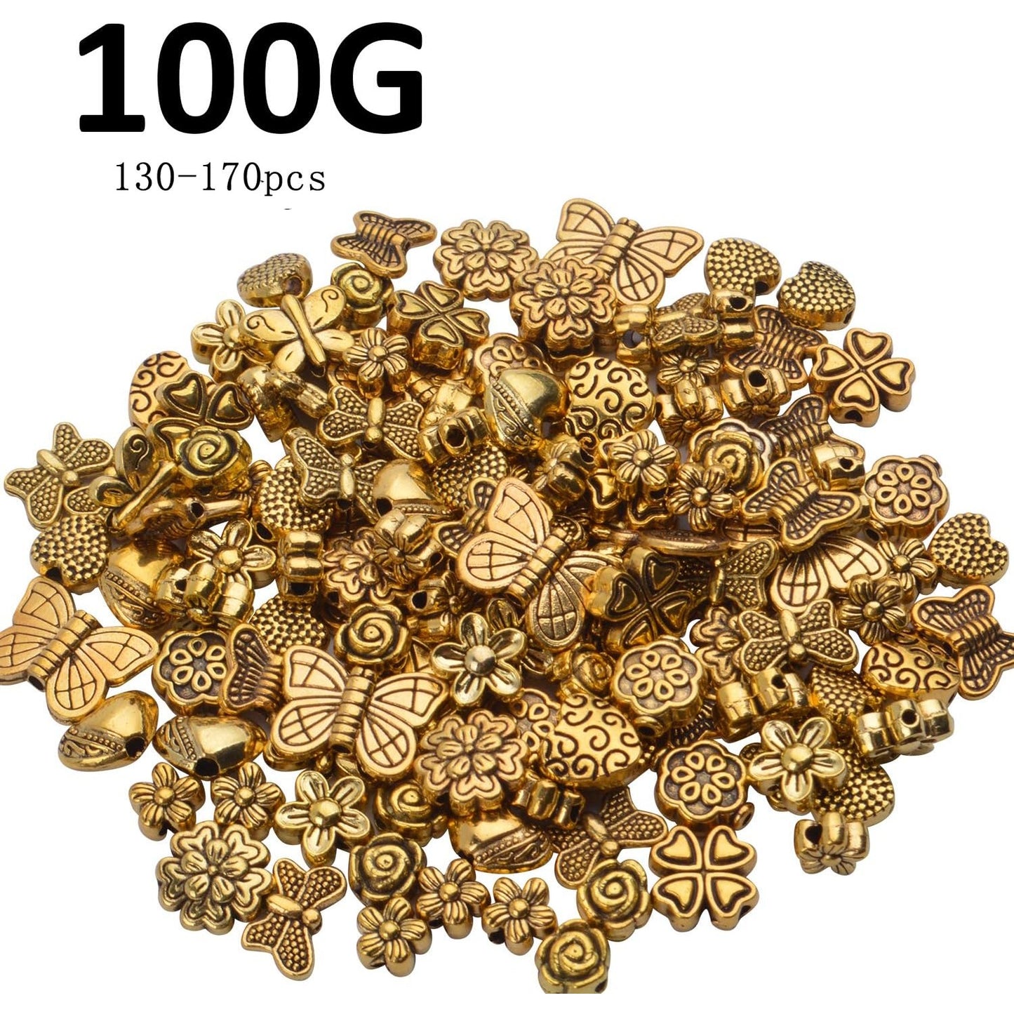 100 Gram(About 130-170pcs) Antique Gold Alloy Heart Butterfly Flower Beads Charm Bead Spacers Jewelry Findings Accessories for Bracelet Necklace Jewelry Making