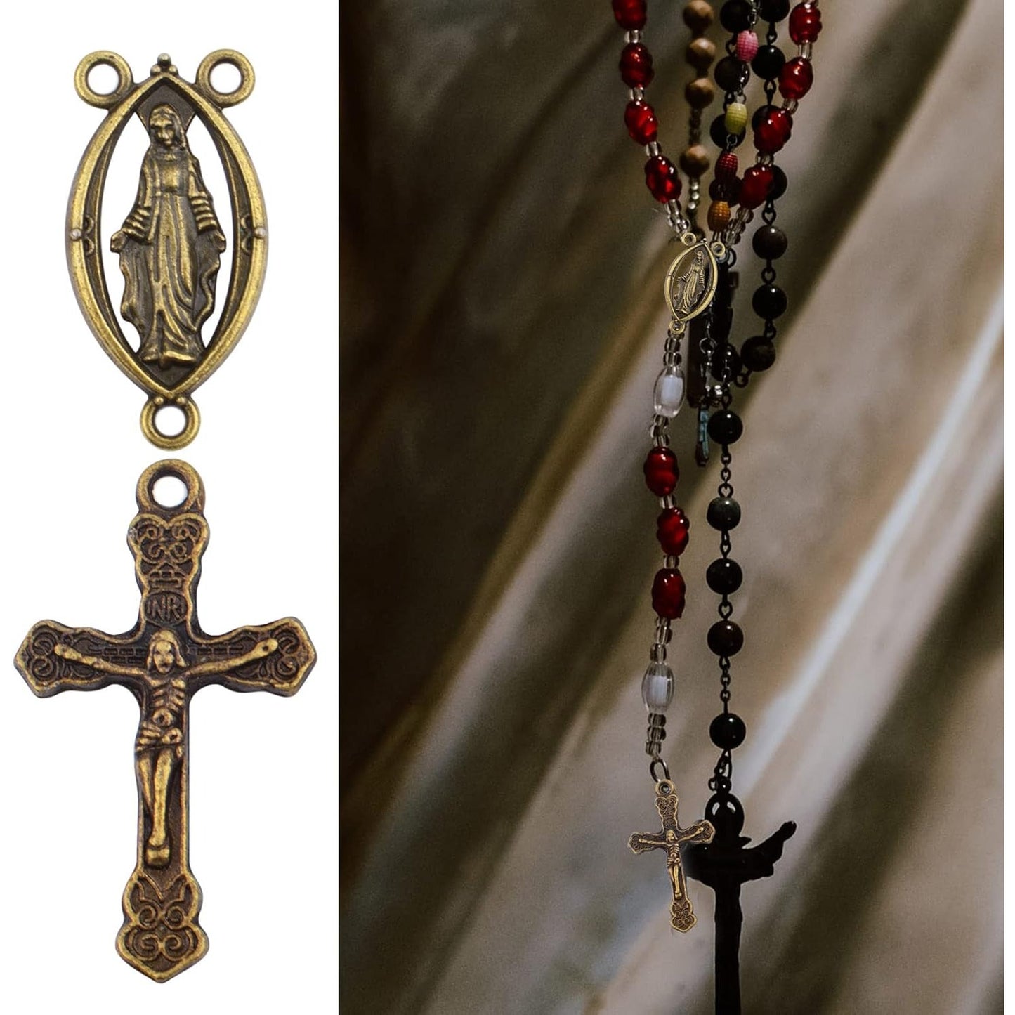 40pcs Gold Plated Rosary Cross and Center Charms Miraculous Medal Pendant Alloy Tibetan Style Jesus Crucifix Cross Pendants Oval Chandelier Links for Rosary Holy Beads Necklace Making