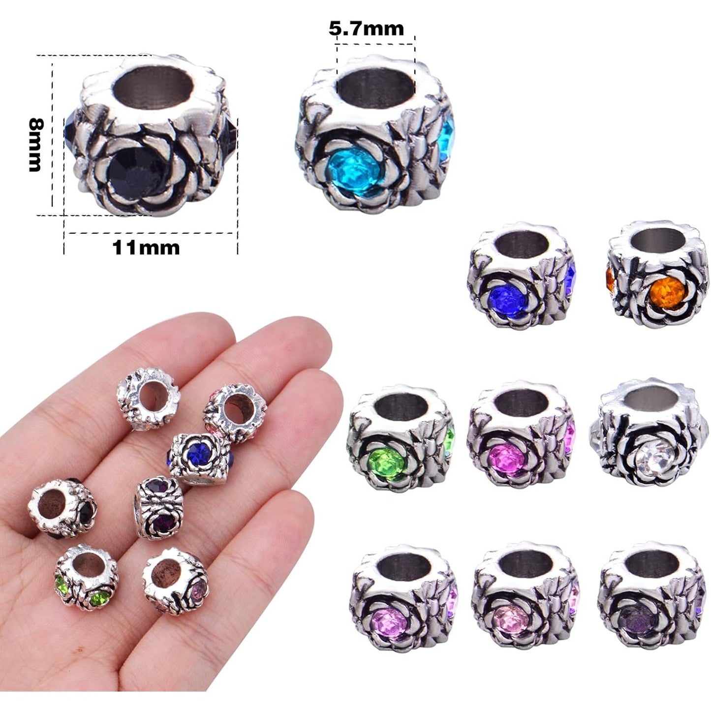 20pcs Large Hole Spacer Beads Rhinestone European Rondelle Spacer Beads Crystal Loose Charm Beads for Snake Chain Bracelets Crafts Jewelry Making Supplies, 10 Styles, Hole: 5.7 mm