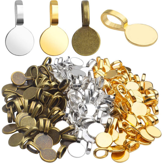 Tibetan Round Glue-on Bails Pendants, 150pcs Alloy Flat Pad Bails Pendant Cabochon Jewellery Findings Fit Necklace Bracelet Earring, 18x10mm, Golden, Silver, Bronze