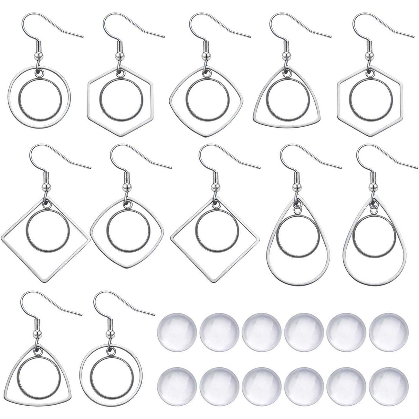 Earring Bezel Trays, 12pcs 12mm Stainless Steel Earring Bezel with Earring Blank Tray Wire Hooks Setting with 20pcs 12mm Clear Glass Cabochons for Jewelry Making DIY Craft