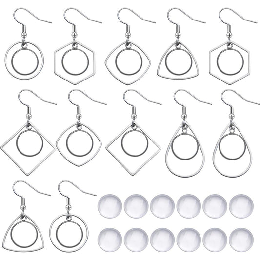 Earring Bezel Trays, 12pcs 12mm Stainless Steel Earring Bezel with Earring Blank Tray Wire Hooks Setting with 20pcs 12mm Clear Glass Cabochons for Jewelry Making DIY Craft