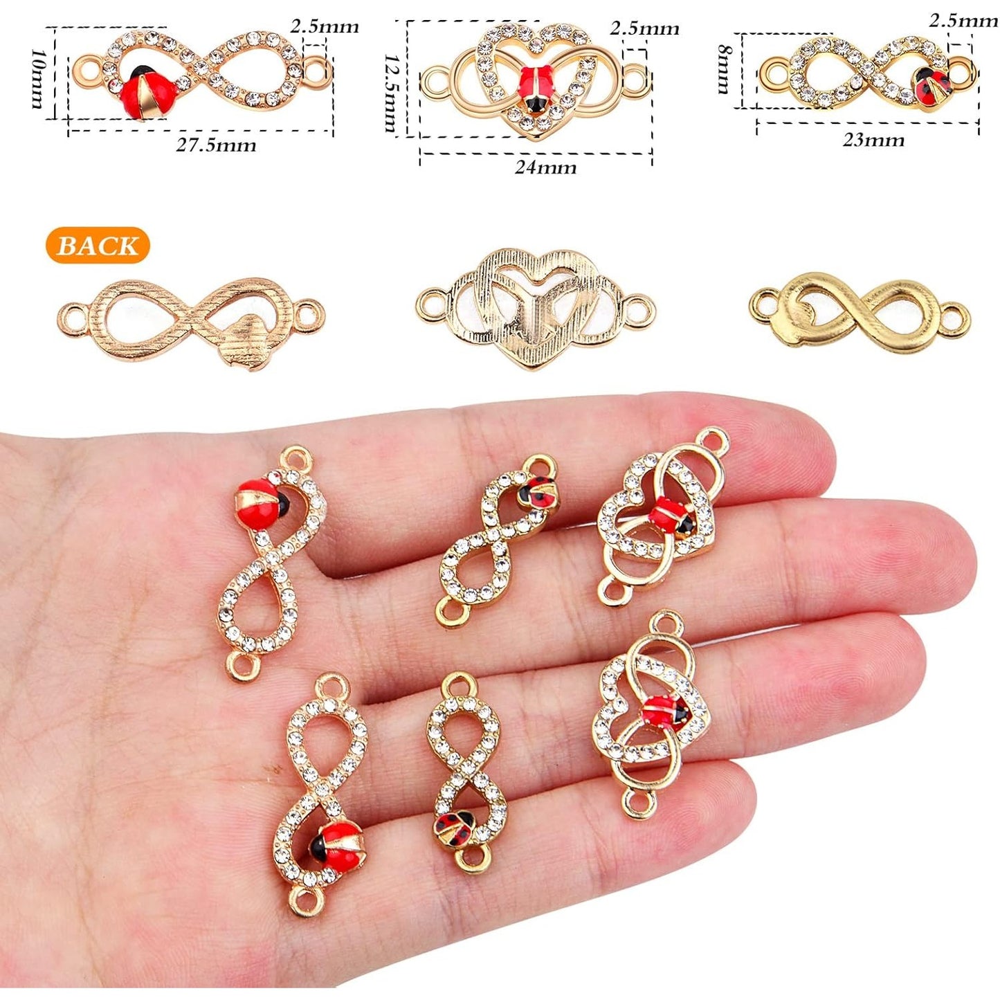 30pcs Infinity Symbol Connector Charms Alloy 8 Character Rhinestone Ladybug Flying Insect Pendant Links Jewelry Findings DIY Bracelet Necklace Keychain Crafts Decor, 3 Styles