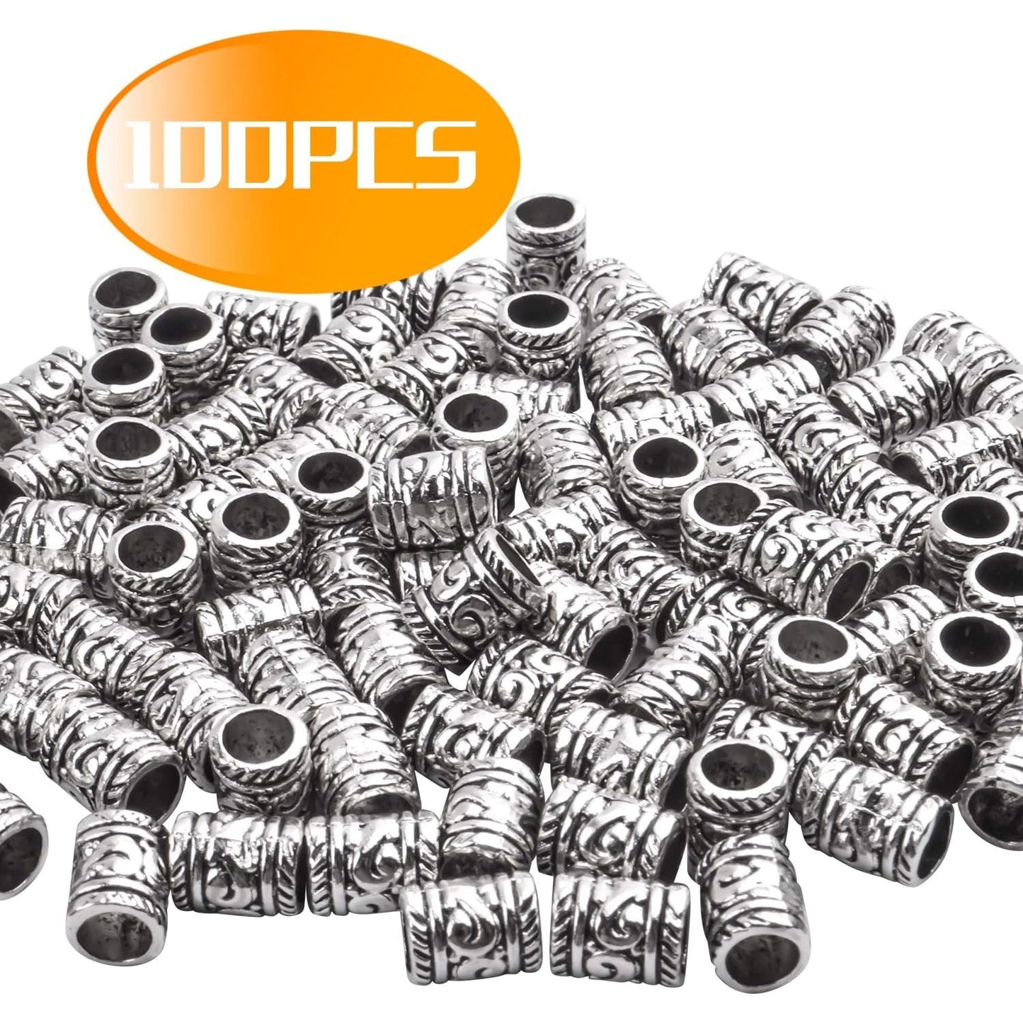 100pcs Antique Silver Spacer Beads Large Hole Beads Charms Hollow Tube Bead for DIY Necklace Bracelets