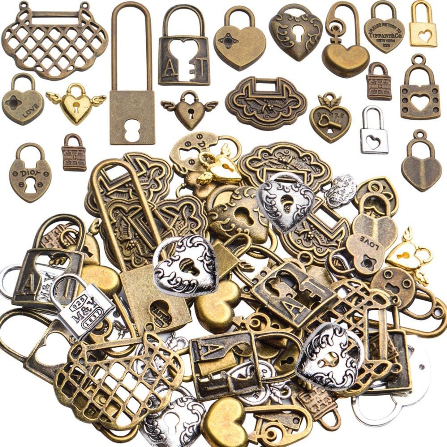 Heart Lock Charms, 100 Gram Tibetan Mixed Styles Heart Lock Pendants Retro Love Charm Jewellery Making Accessories for DIY Craft Bracelets Necklace Findings Crafting
