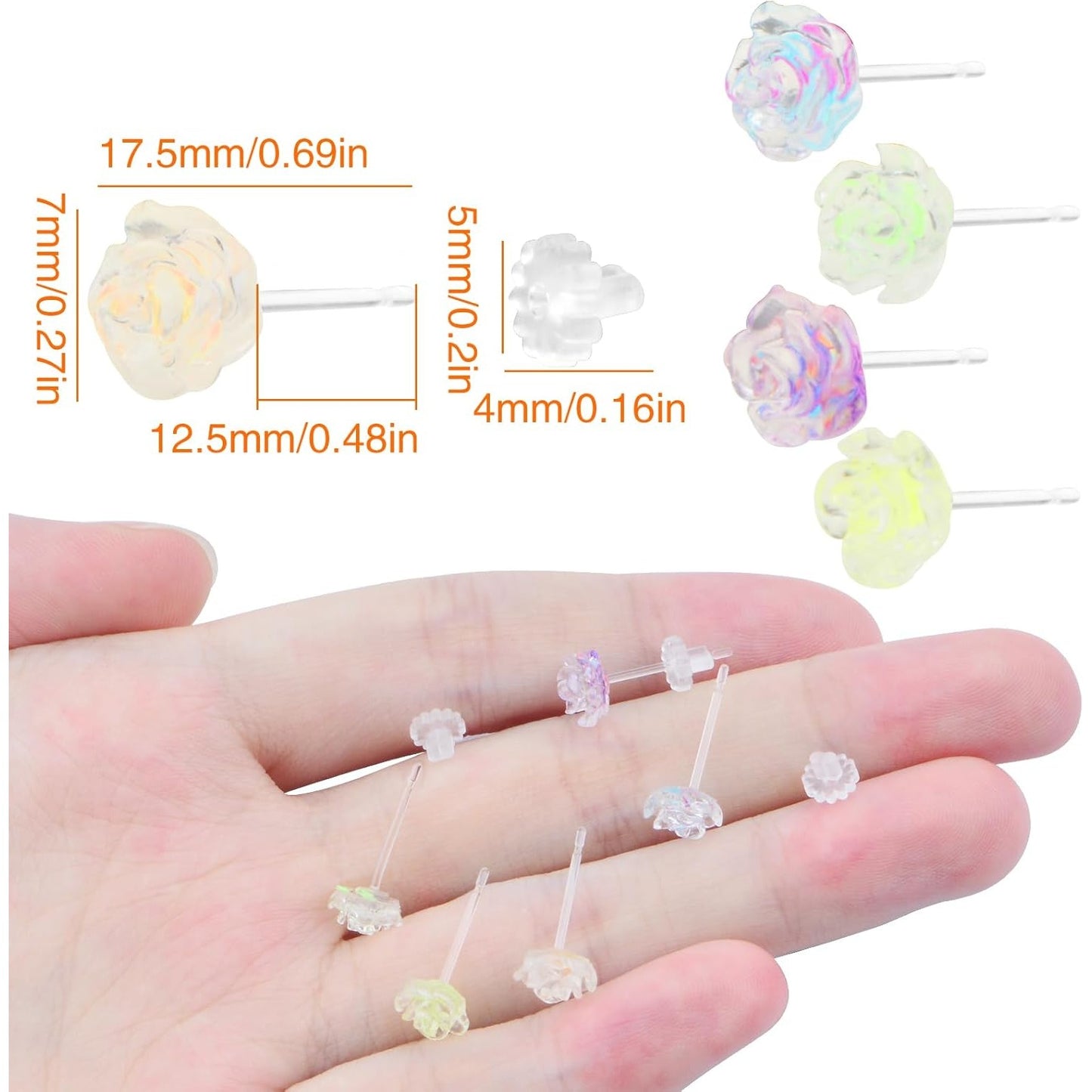 5 Pairs Plastic Camellia Stud Earrings Noble Flower Shaped Earring Pin Posts with Clear Earring Backs Kit for Sensitive Ears DIY Jewelry Making Supplies, 5 Colors
