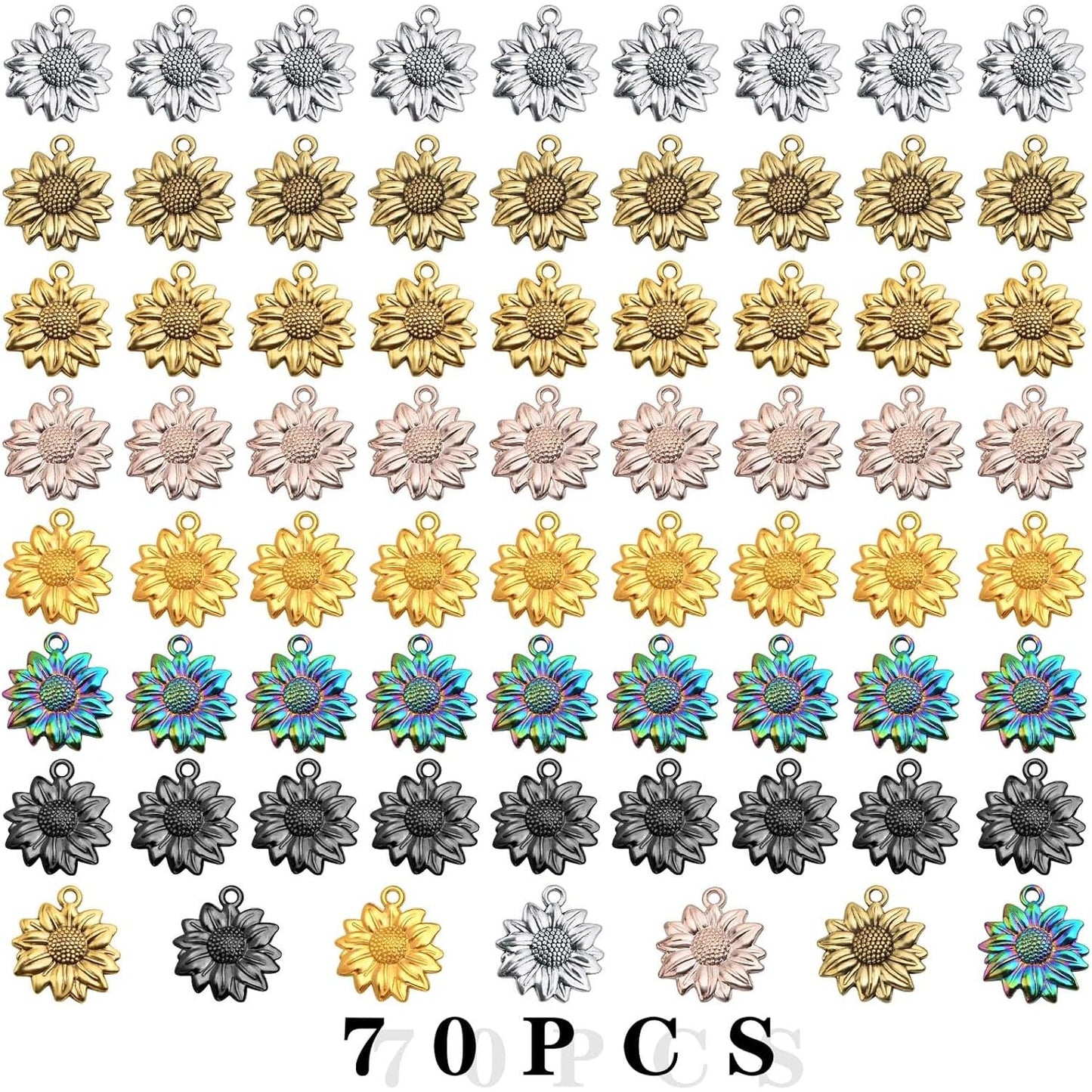 70pcs Sunflower Pendant Charms Tibetan Alloy Sun Flower Bead Dangle Charms Craft Supplies for DIY Earrings Necklace Bracelet Jewelry Making Findings, 7 Colors