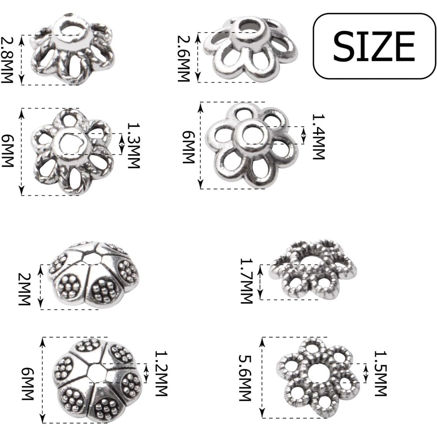 200pcs Antique Silver Flower Bead Caps Alloy Tibetan Style Bead End Caps Spacer Cap Beads Jewelry Caps for Bracelet Necklace Earrings Jewelry Making Supplies, 4 Styles