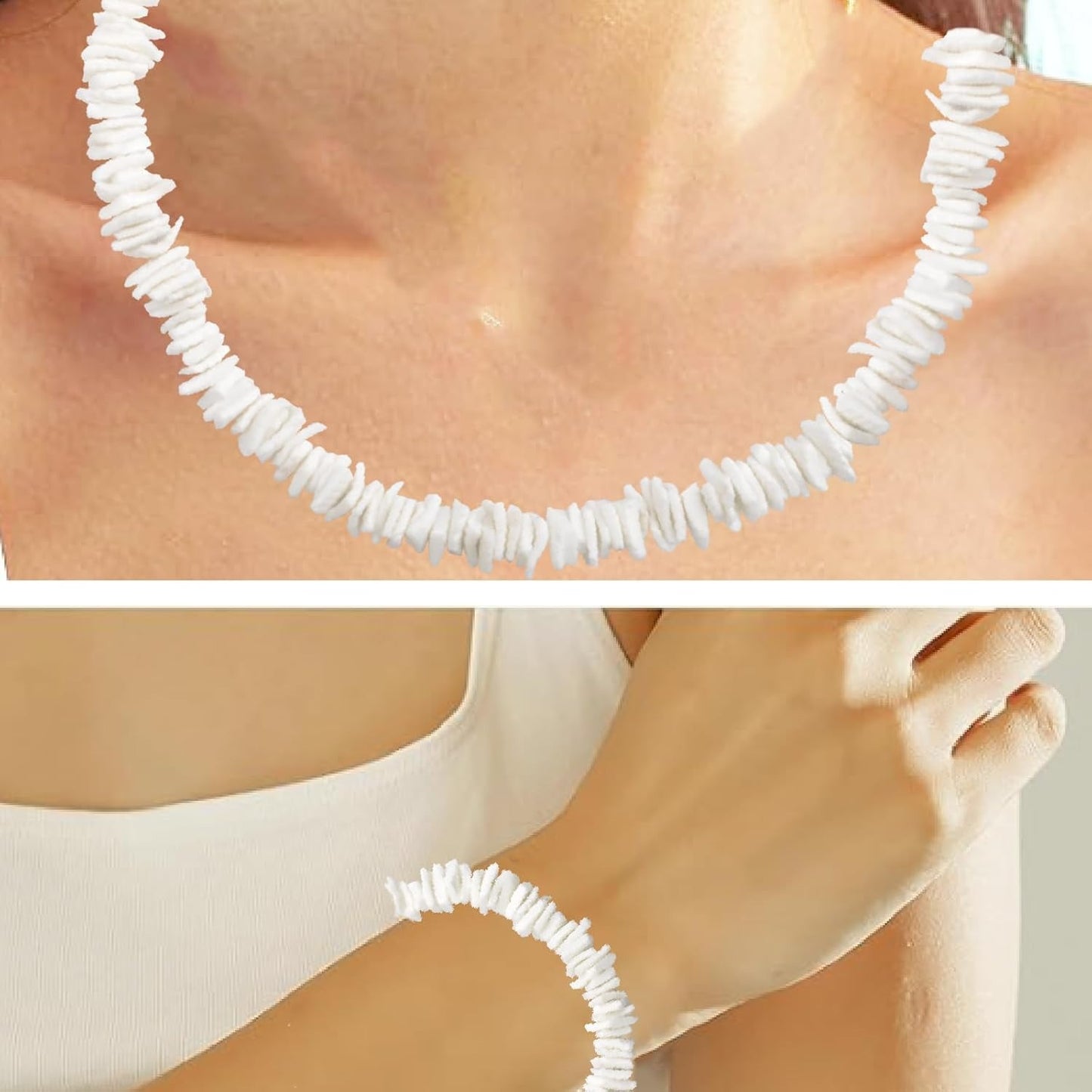 White Puka Shell Necklace Hawaiian Seashell Beach Surfer Choker Adjustable Handmade Beaded Summer Pooka Shells Clam Chips Necklace Bracelet Jewelry Set for Adult Teens Men Women