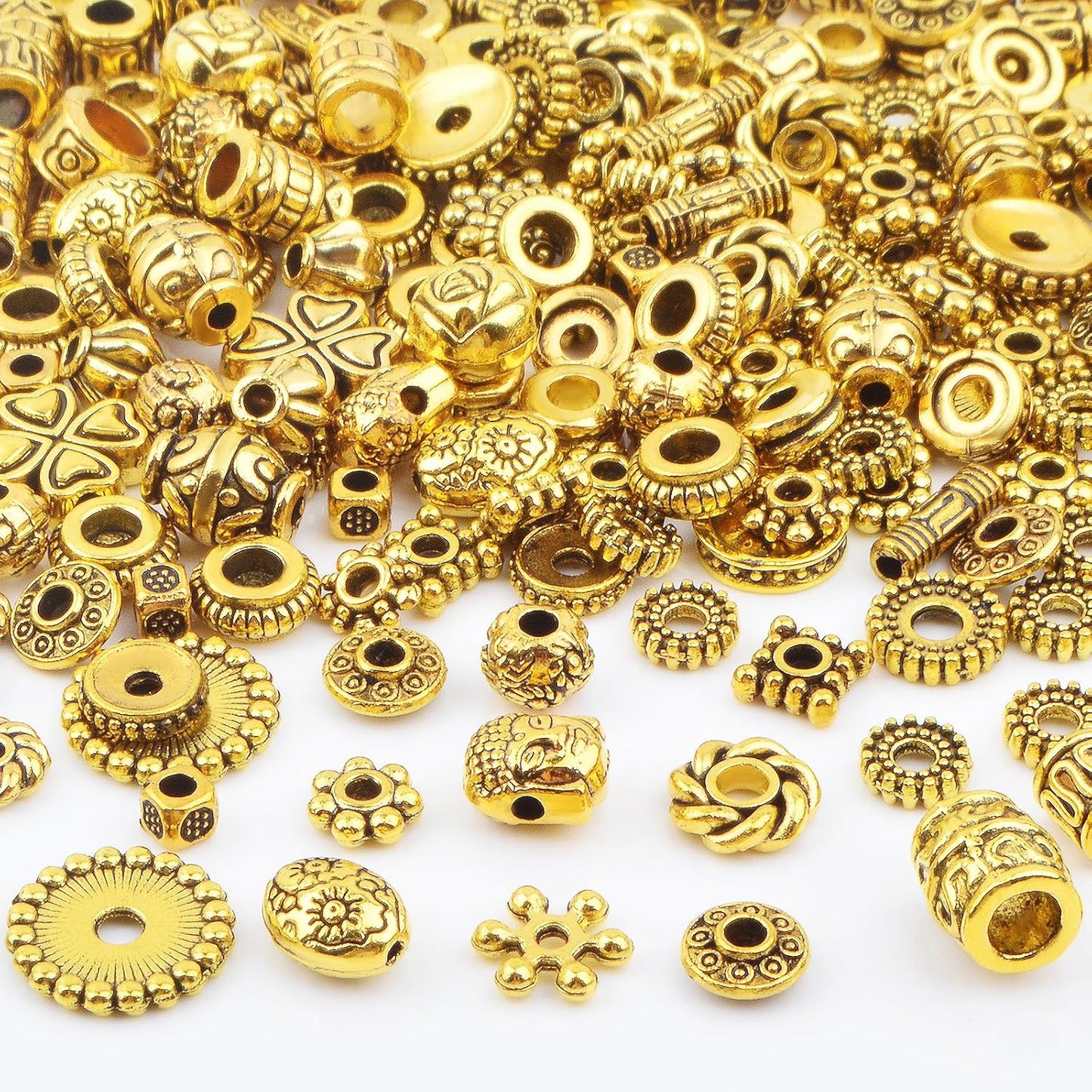 100 Gram Mixed Styles Tibetan Alloy Spacer Beads - Antique Golden Round Column Tube Loose Beads - Jewelry Findings Accessories for DIY Necklace Bracelet Earrings Craft Supplies