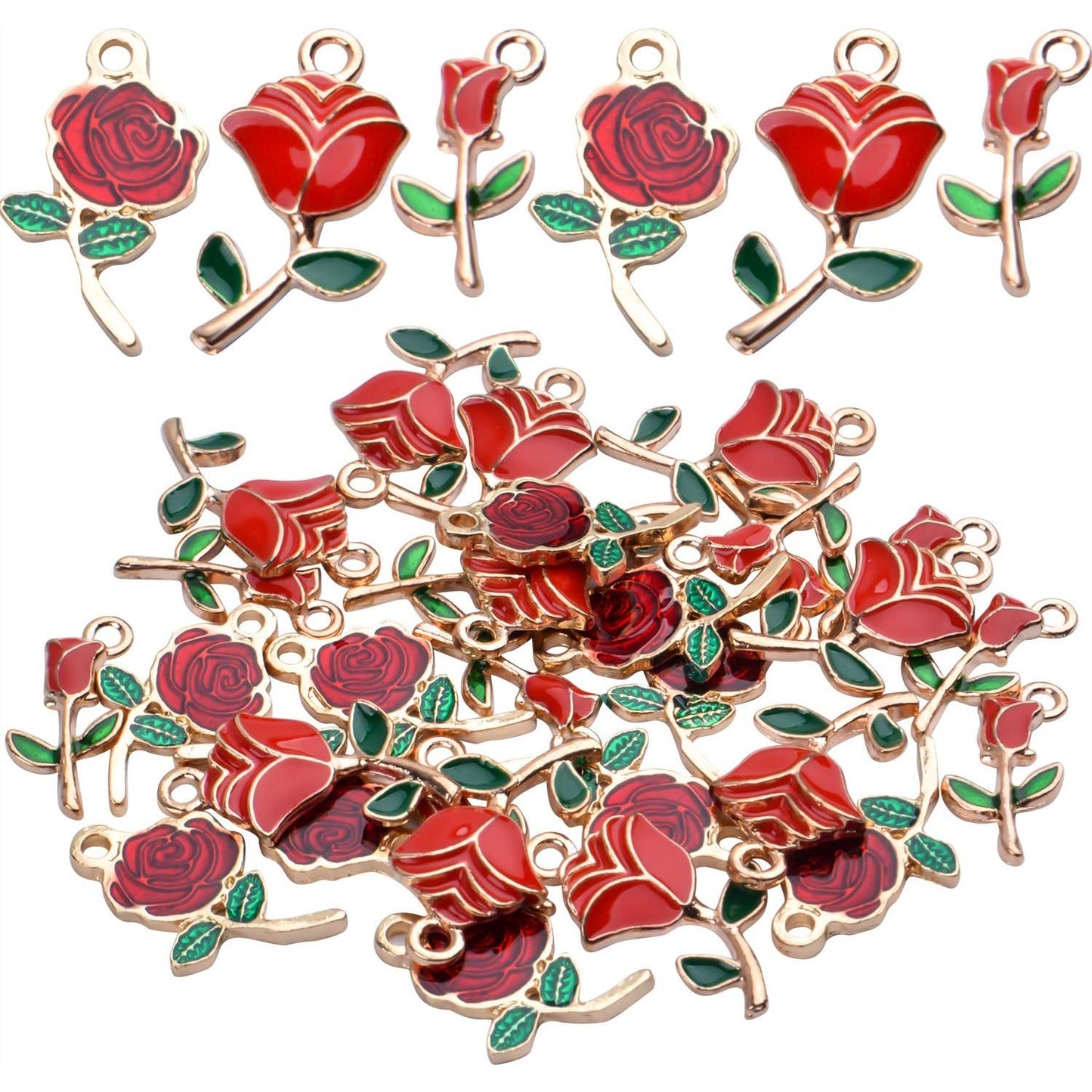 30pcs Enamel Rose Flower Charm Pendants Lovely Dangle Charms for Valentine's Day DIY Bracelet Necklace Earrings Jewelry Making, Red