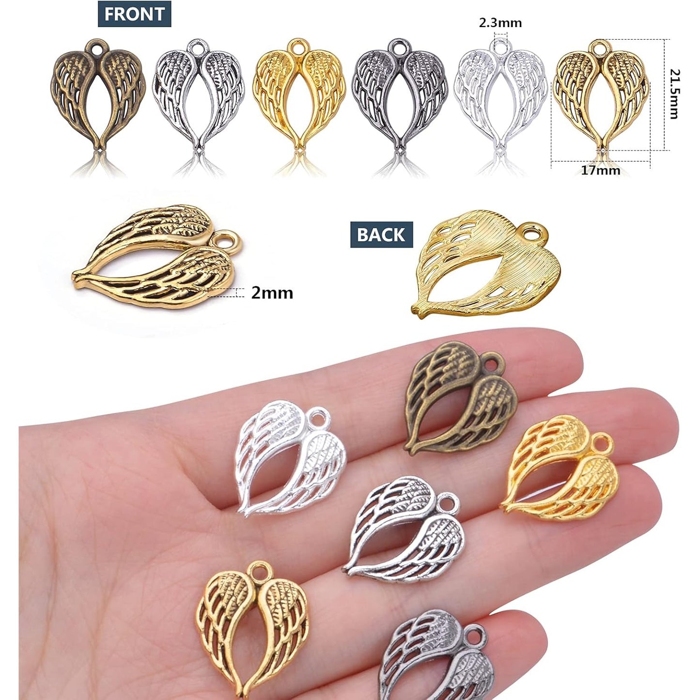 Angel Wings Feathers Charms, 60pcs Alloy Fairy Pendant Craft Supplies Beads Charm for Diy Bracelet Necklace Jewelry Making, 6 Colors