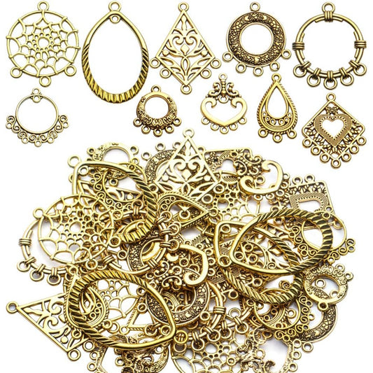 Earring Connectors, 40pcs 10 Styles Tibetan Bohemian Chandelier Charms Metal Embellishments for DIY Dangle Earring Drop Jewellery Making Kits, Antique Golden