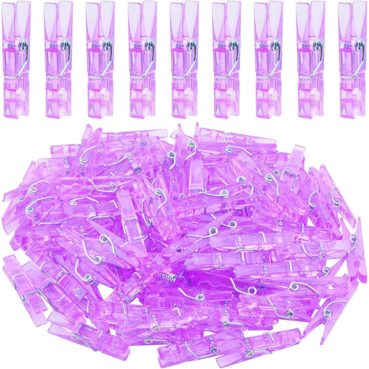 100 Pieces Clear Plastic Clothespins Mini Transparent Craft Clips Pictures Paper Peg Pins for Hanging Photos String Fairy Lights Wedding Party Decor, Purple