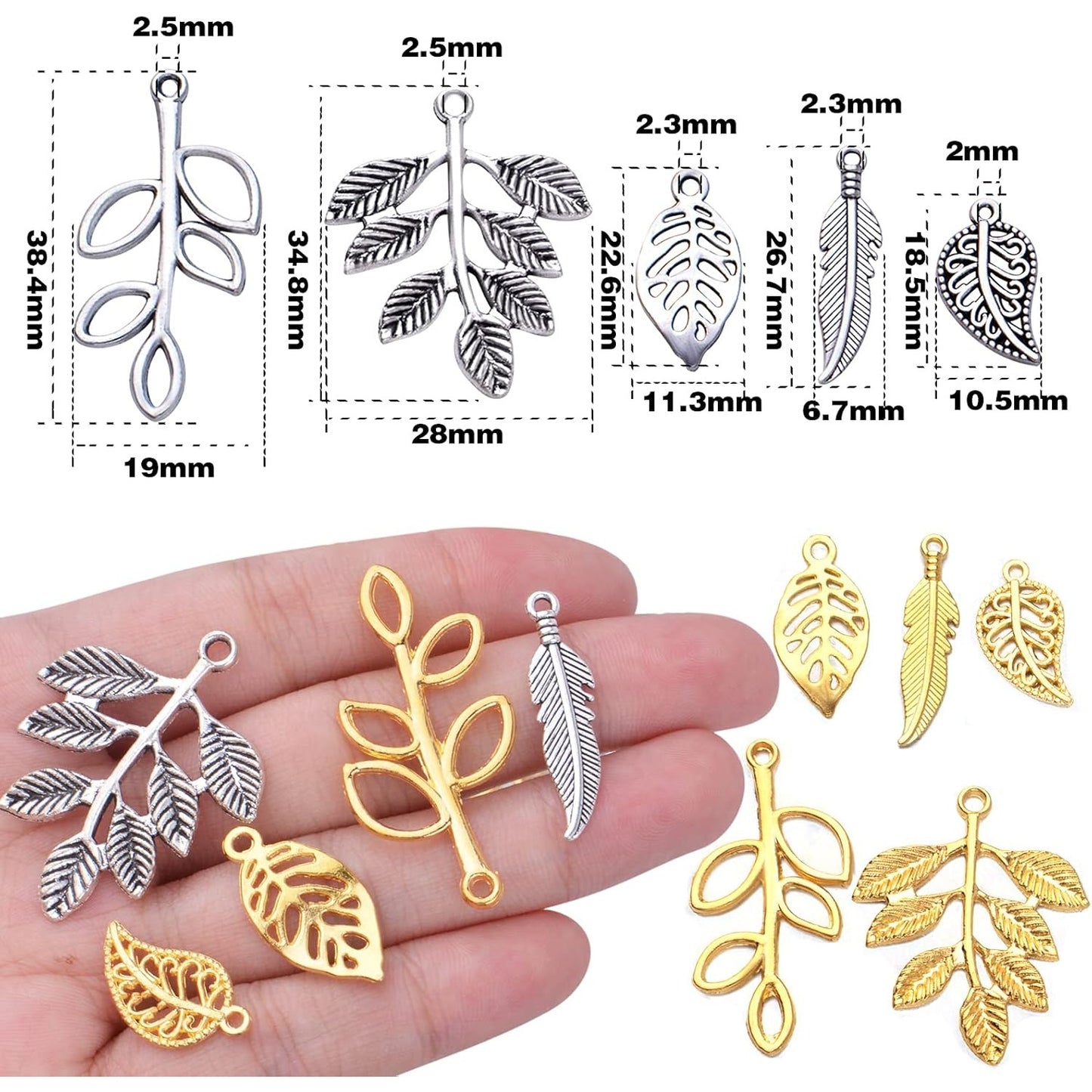 100pcs 5 Styles Tree Leaf Charms Tibetan Alloy Leaves Branch Pendants Vintage Dangle Charms for DIY Earring Necklace Keychains Jewelry Making Accessory, Gold and Antique Silver