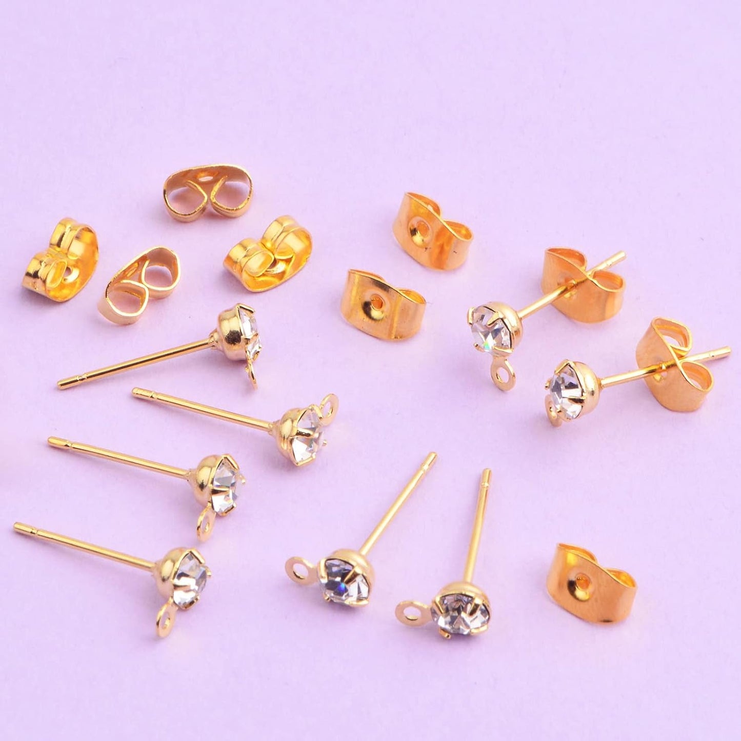 30pcs Stainless Steel Rhinestone Earring Posts with Loop Hypoallergenic Stud Earrings Findings and 30pcs Butterfly Earring Backs for DIY Jewelry Making Supplies, Golden