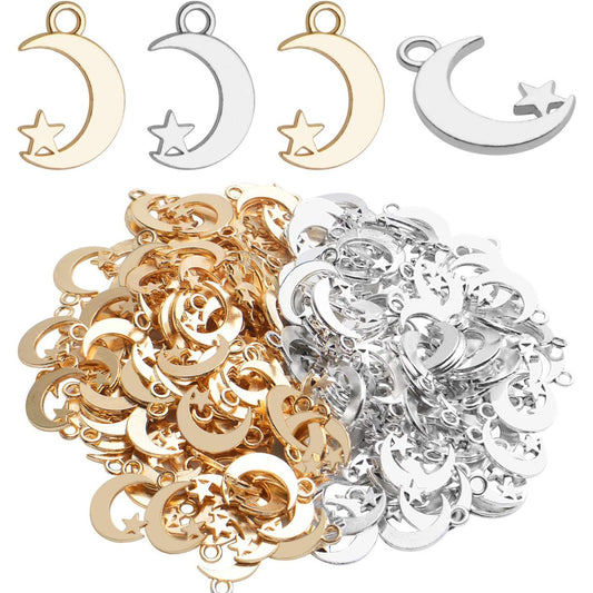 200pcs Crescent Moon and Star Charms Pendants Alloy Jewelry Findings for Crafting Making Earrings Necklace Bracelets,Gold and Silver