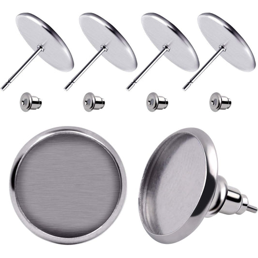 50 Pieces Stainless Steel Stud Silver Earring Cabochon Setting Post Cup for 12mm and 50 Pieces Bullet Clutch Earrings Safety Backs