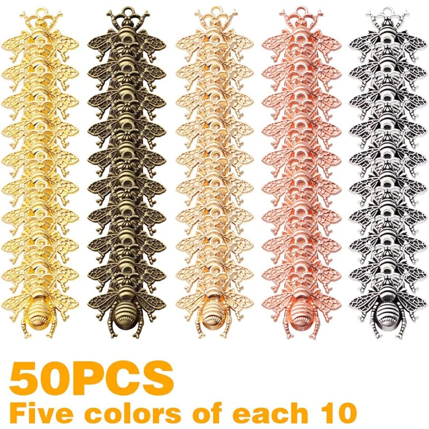 50pcs Alloy Bee Charms Honeybee Charm Pendants Insect Pendant for DIY Jewelry Craft Making Accessory,21mm×20mm,5 Colors