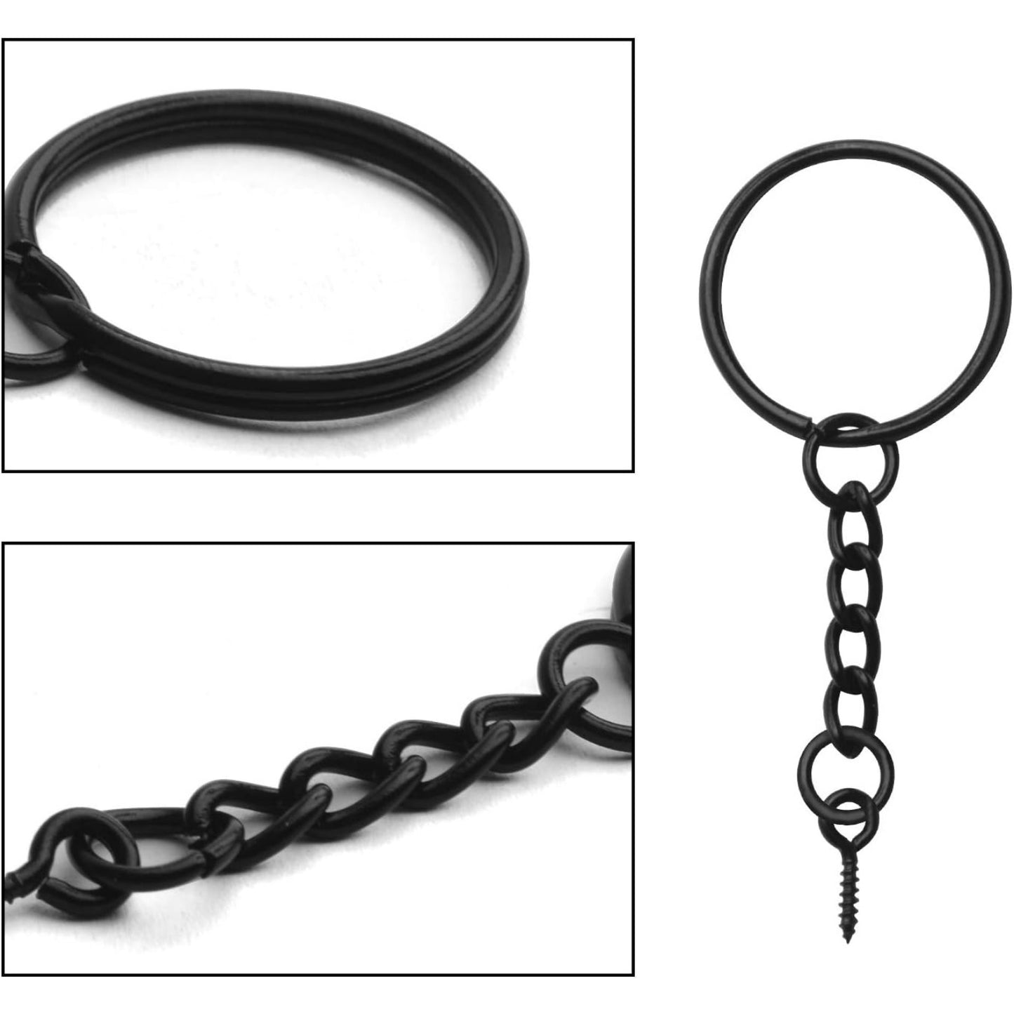 BronaGrand 50pcs 25mm Split Key Ring with Extend Chain and 12mm Screw Eye Pin for Craft Charm Making,Black