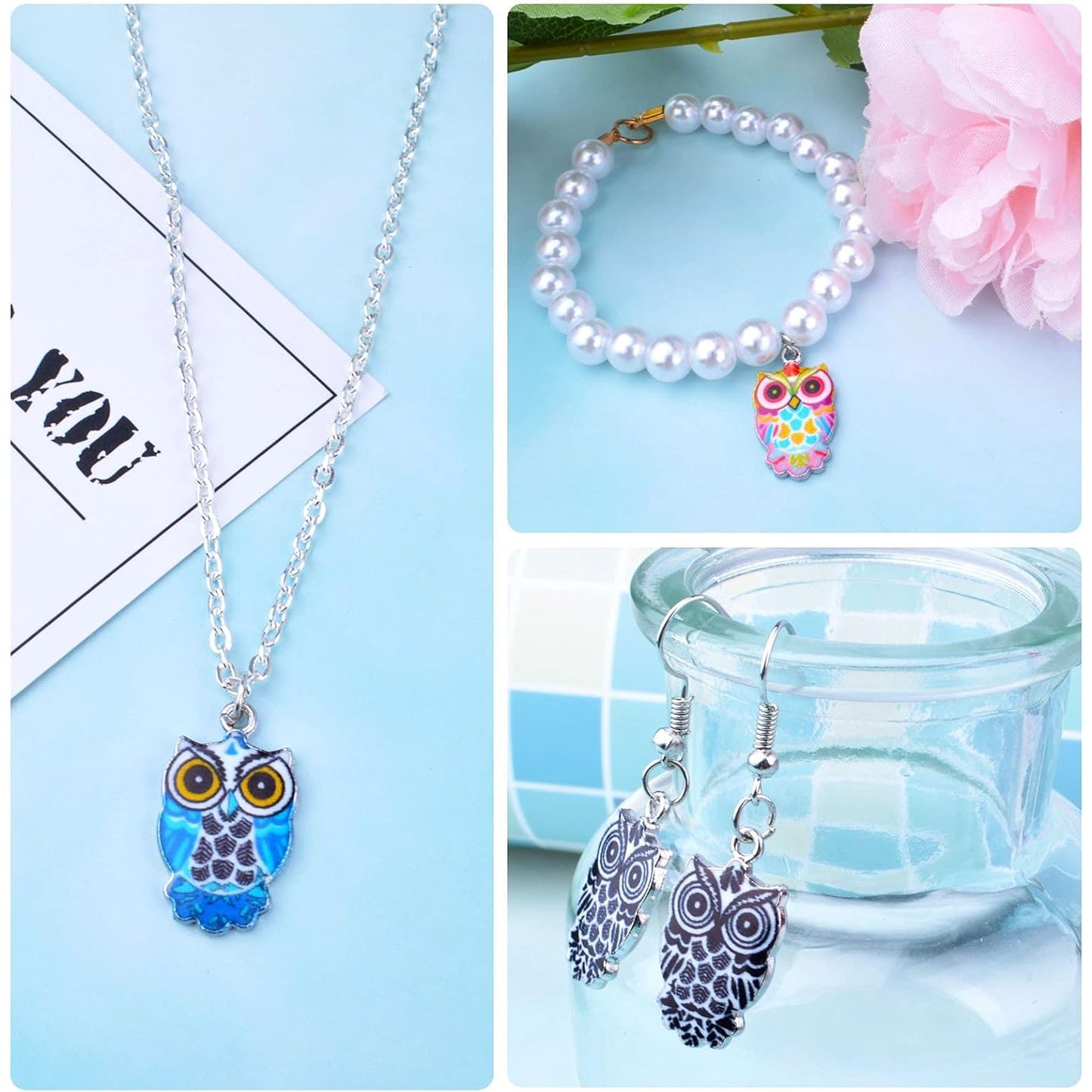30pcs 15 Styles Colorful Owl Enamel Charms Pendants Halloween Animal Owl Dangle Charms with 30pcs Silver French Ear Wires Earring Hooks for DIY Jewelry Making Accessories