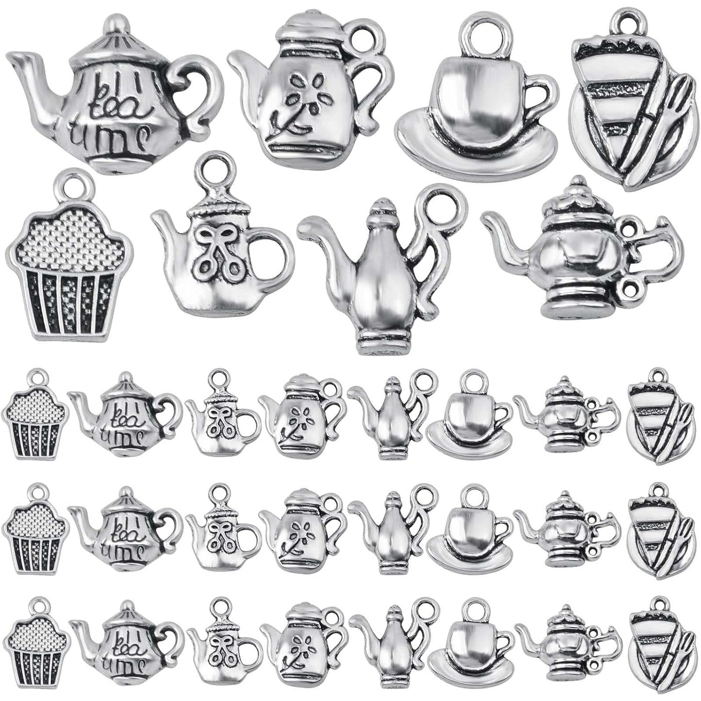 40pcs Antique Silver Tea Cup Charms Tibetan Vintage Mixed Teapot Coffee Cup Mug Pendant Charms Craft Supplies for DIY Necklace Bracelet Earring Jewelry Making, 8 Styles