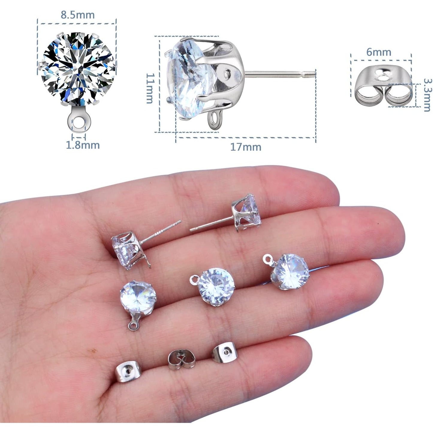 60pcs Silver Rhinestone Earrings Posts Hypoallergenic Crystal Earring Studs with Loop Hole and 60pcs Earring Backs Stoppers for DIY Jewelry Making Wedding Favor Gifts