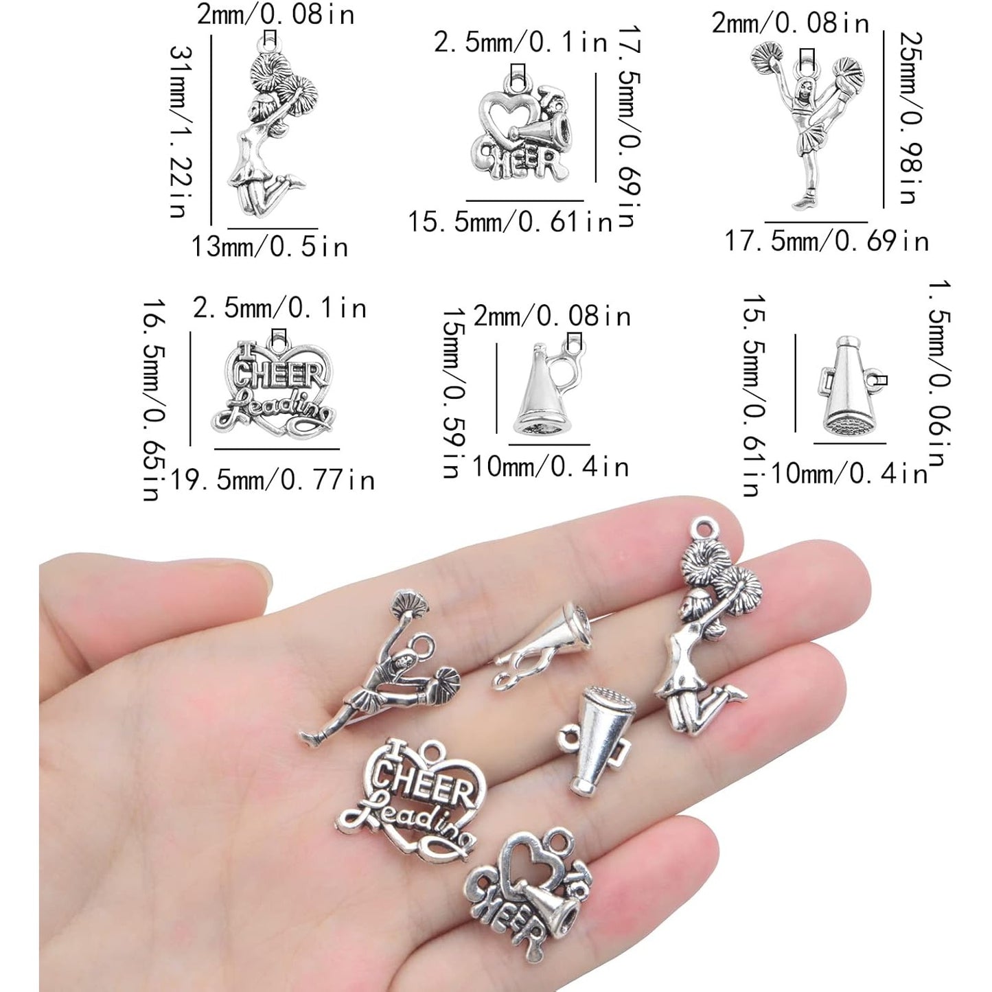 60pcs 6 Styles Antique Silver Cheerleading Theme Charms Tibetan Alloy Gymnastics School Sports Pendants Collection for DIY Necklace Bracelet Jewelry Making Supplies