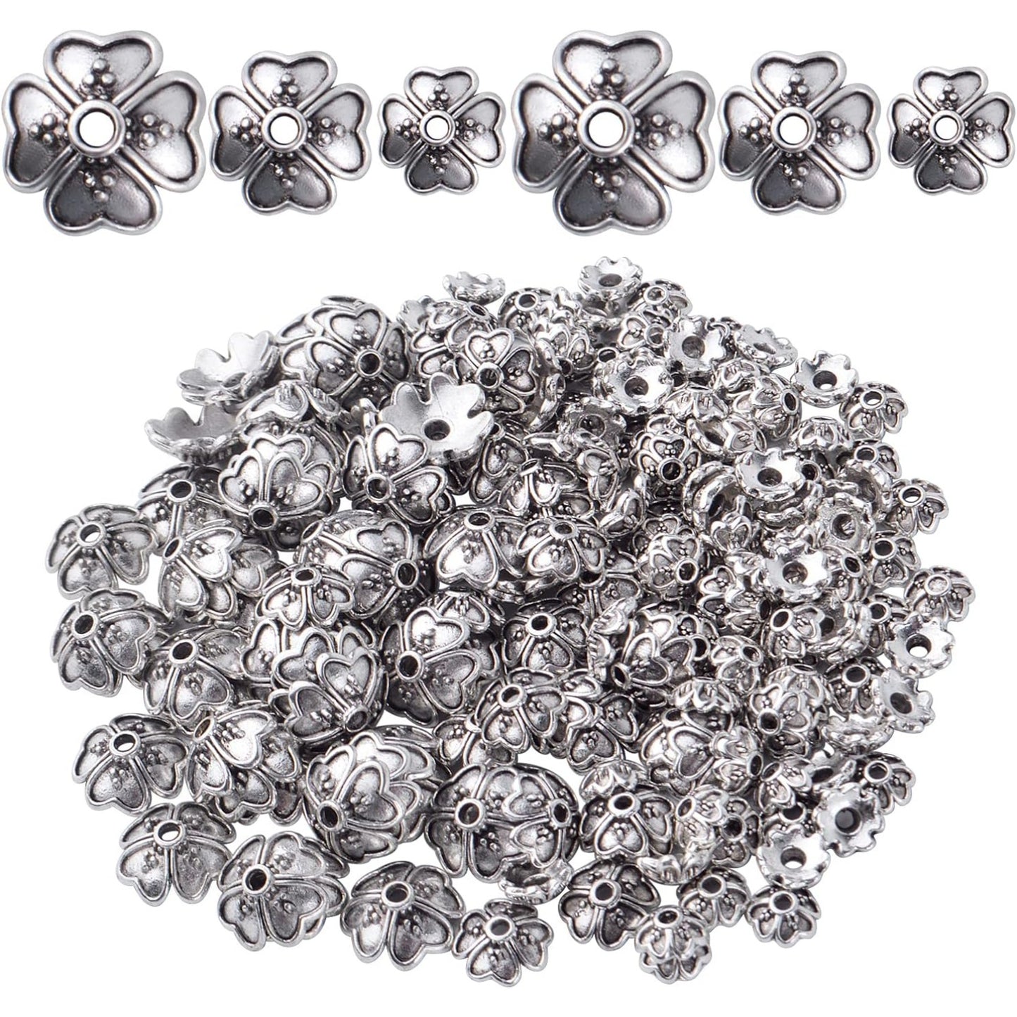 Spacer Beads Caps, 200pcs Antique Silver Flower Bead Caps Alloy Bead End Caps Flower Spacers Beads Craft Supplies for Jewelry DIY Earrings Bracelet Making Accessories, 3 Sizes