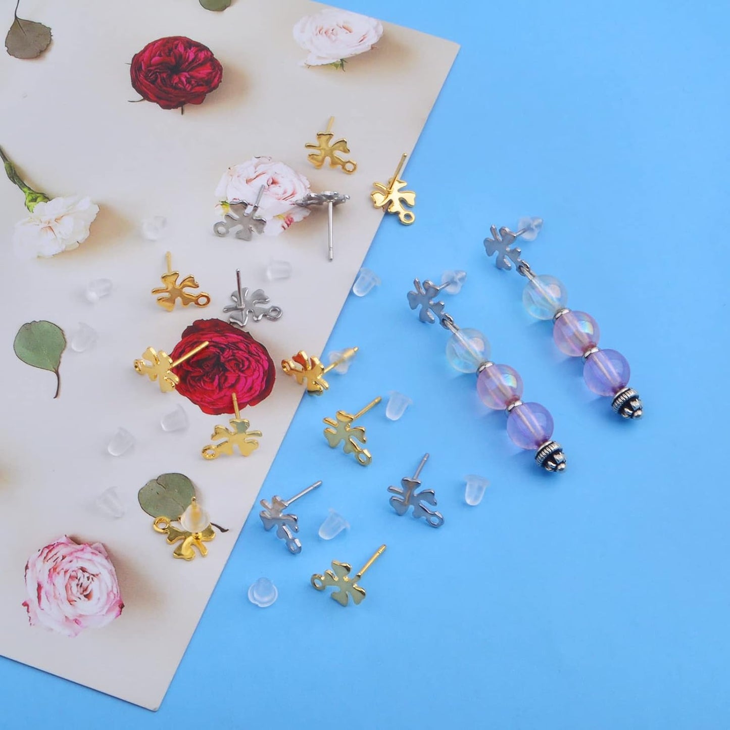 20pcs Stainless Steel Earring Posts with Loop Four Leaf Clover Stud Earrings and 20pcs Silicone Clear Earring Backs for Women DIY Jewelry Making Supplies Gifts, 2 Colors