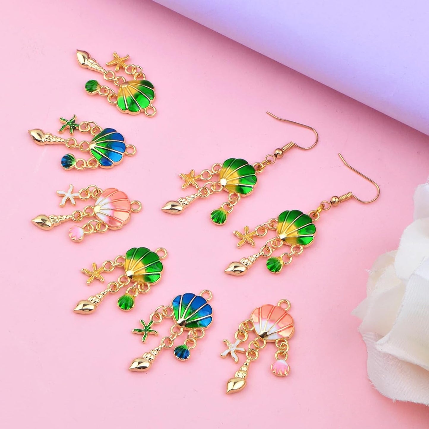12pcs Golden Plated Enamel Shell Charms with Starfish Conch Seashell Colorful Ocean Seashell Beach Dangle Pendants for DIY Necklace Bracelet Earrings Jewelry Making