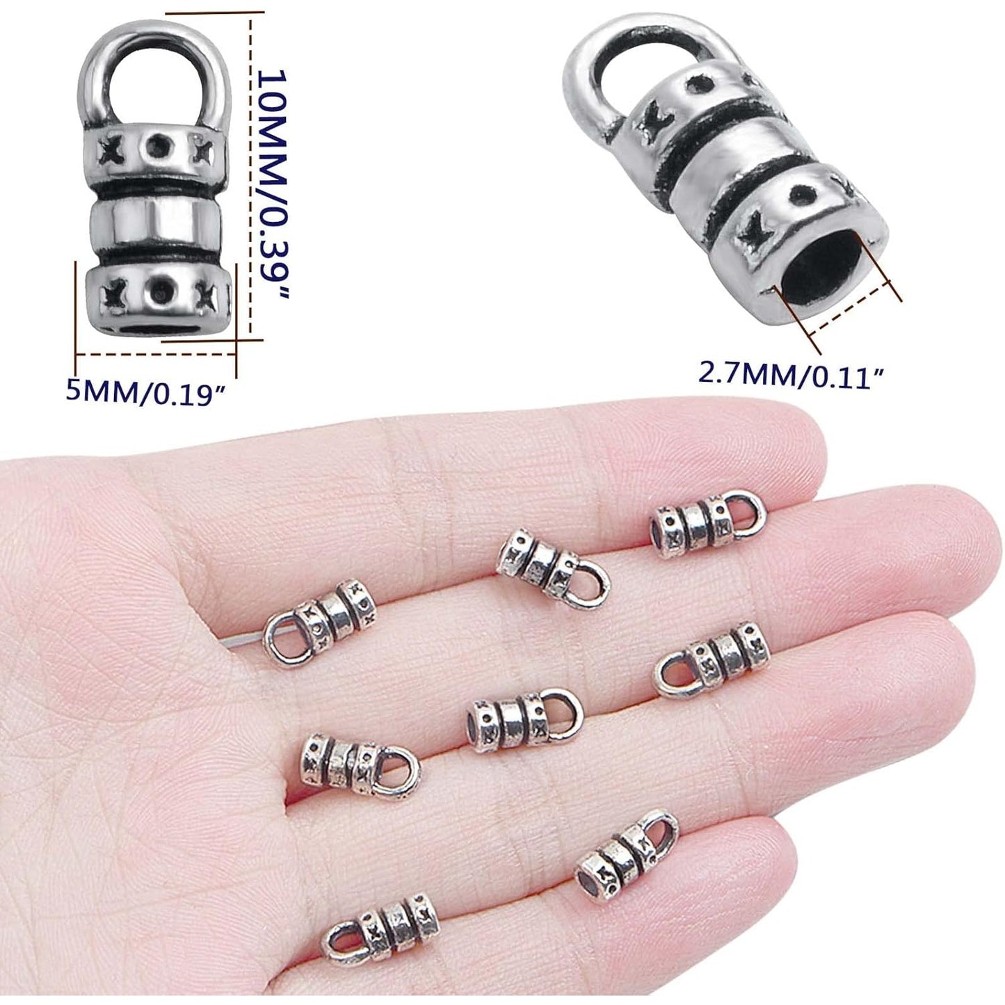 100pcs Antique Silver Cord End Caps Tibetan Alloy Leather Tassel Caps Barrel Leather Cord Link Buckle Tips Glue-in End Caps Accessories for DIY Bracelet Necklace Jewelry Making