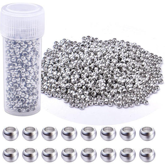 1000pcs 2mm Round Crimp Beads Stainless Steel Loose Spacer Stoppers Beads Ends Caps and 1pcs Plastic Box for Jewelry Making Bracelets Necklace, Hole : 1.6mm