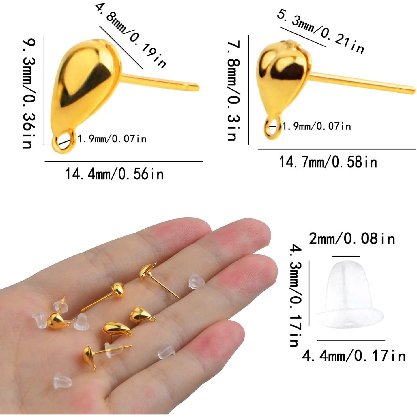 20pcs 18K Golden Plated Earring Studs Metal Earring Posts with Loop Hole Heart Drop Shaped Earring Findings and 20pcs Clear Earring Backs for DIY Jewelry Making Supplies