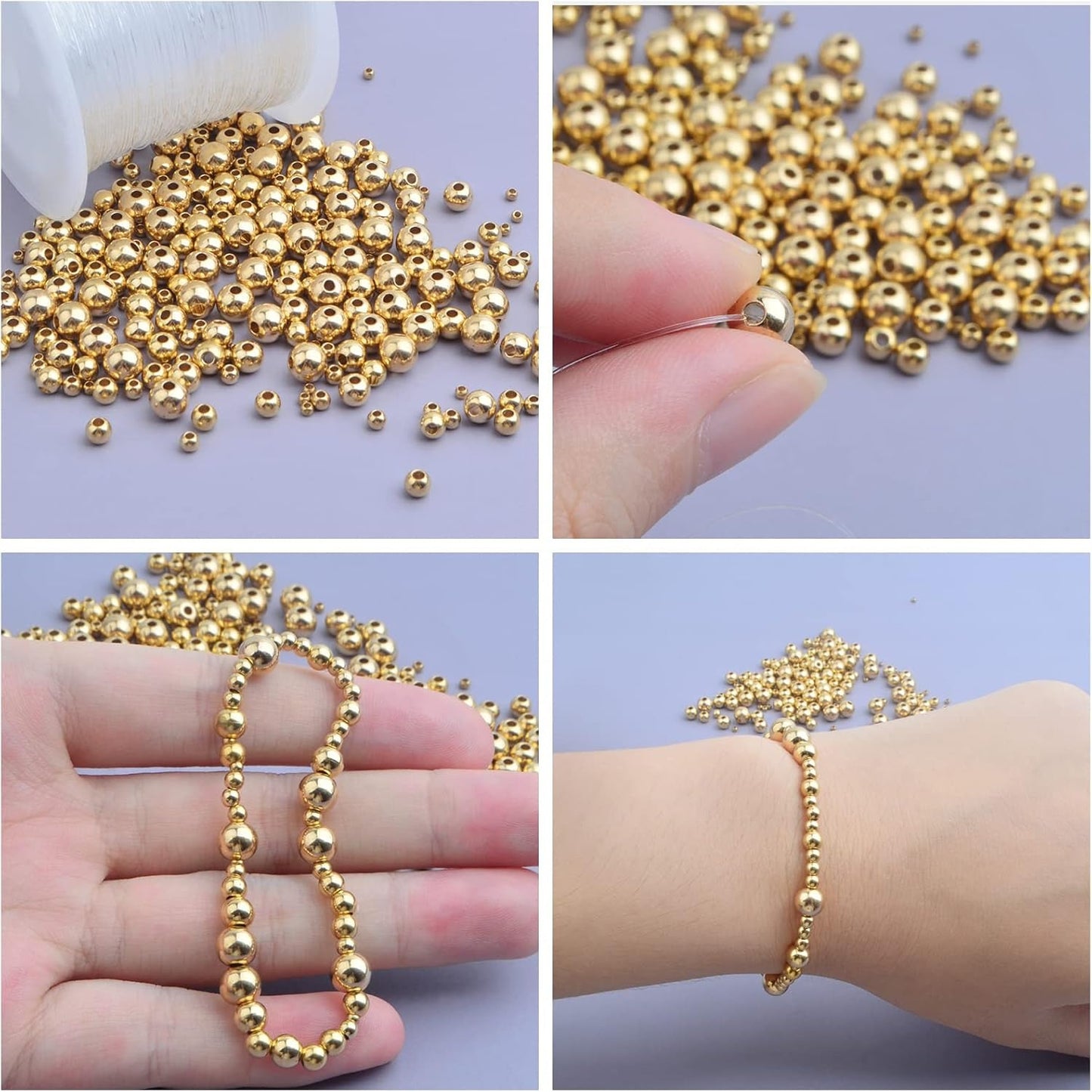 250pcs Golden Plated Smooth Round Ball Spacer Beads Brass Rondelle Loose Beads with A Plastic Box for DIY Bracelet Necklace Earrings Jewelry Making, 5 Sizes