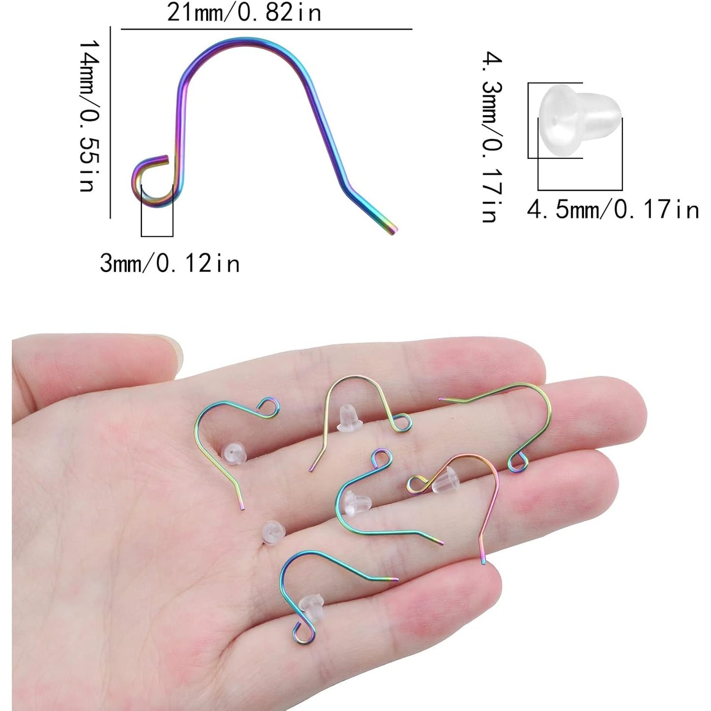 50pcs Stainless Steel Earring Hooks Hypoallergenic Ear Wire Fish Hooks and 50pcs Clear Silicone Earring Backs for DIY Earrings Jewelry Making Findings, Rainbow Color