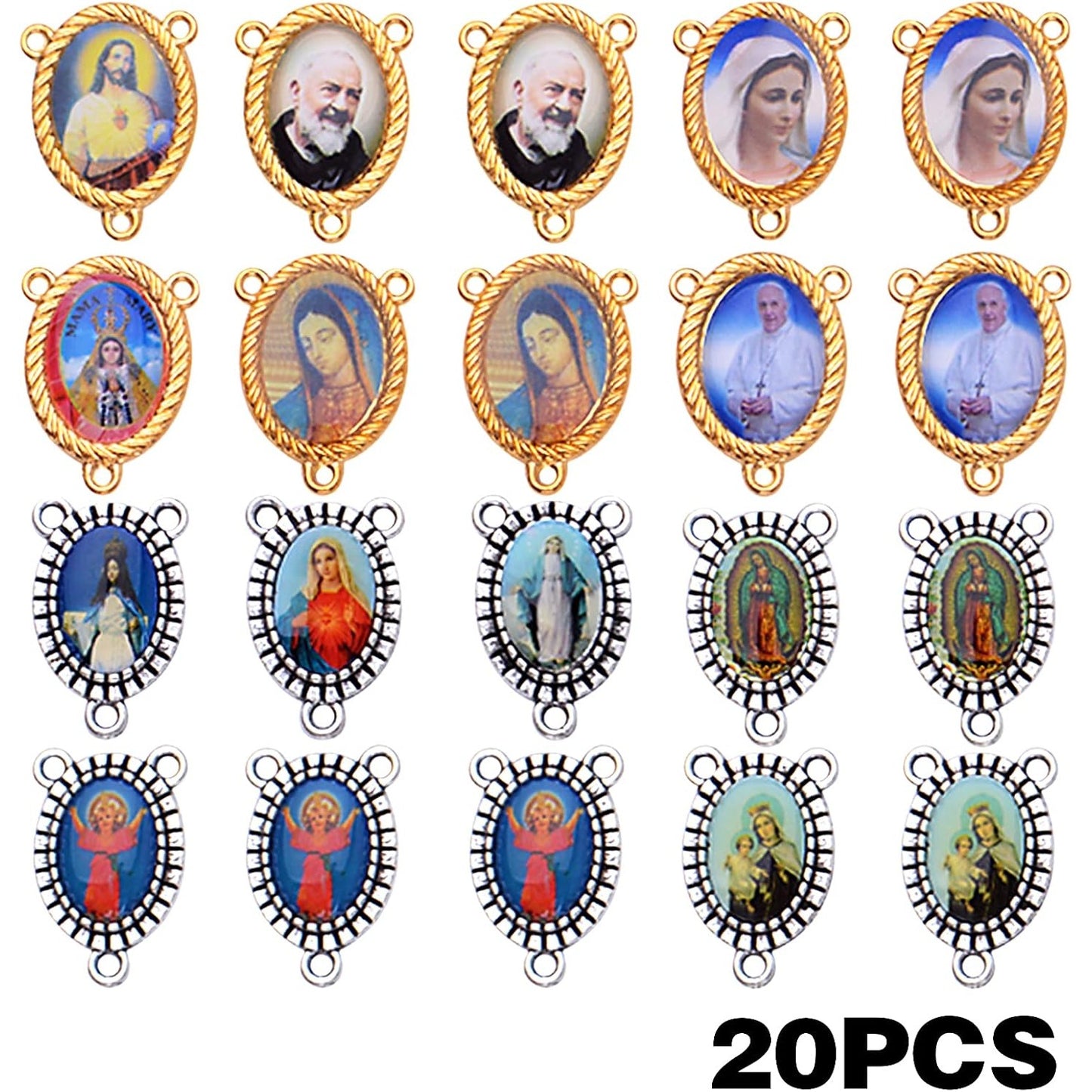 20pcs Mixed Pictures Oval Virgin Mary Miraculous Medal Floral Rosary Centerpiece Alloy Jesus Crucifix Cross Pendants Charms Connectors for DIY Jewelry Making, Gold, Silver