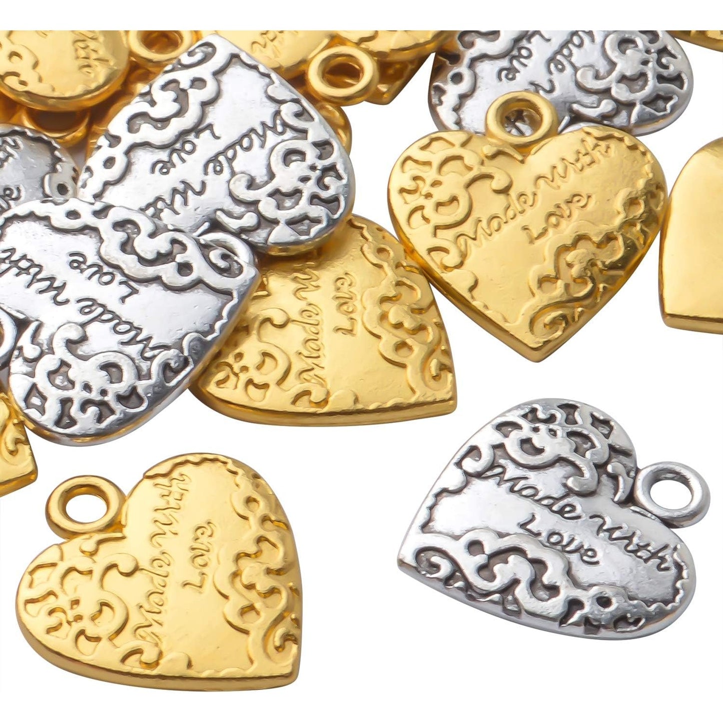 50pcs Heart Shape Made with Love Words Charms,19mm×17mm Alloy Heart Beads Charm Pendant for DIY Jewelry Making Necklace Bracelets Accessories,2 Colors