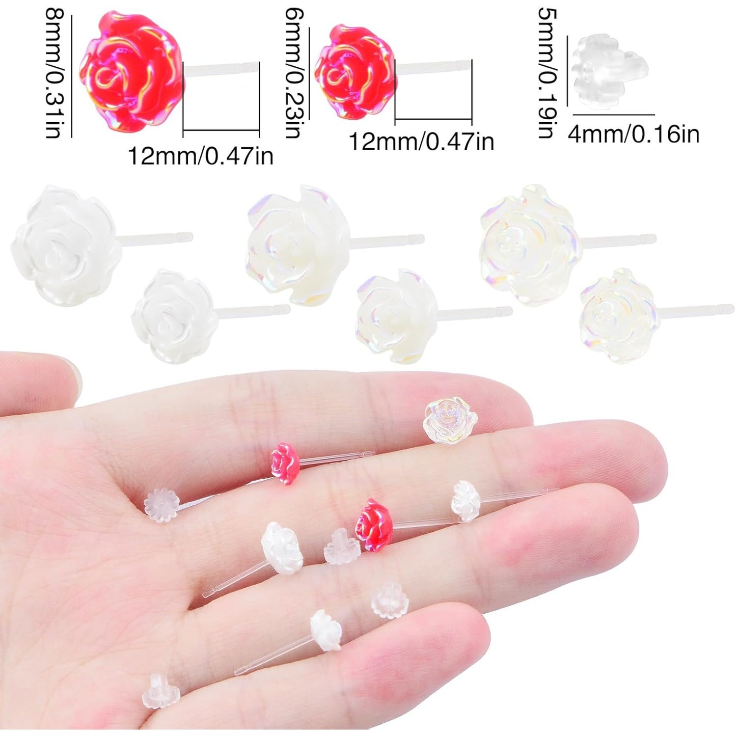 8 Pairs 4 Colors Resin Rose Flower Stud Earrings Romantic Rose Shaped Earring Pin Posts with Soft Earring Backs for Sensitive Ears DIY Jewelry Making Supplies, 6 mm/8 mm